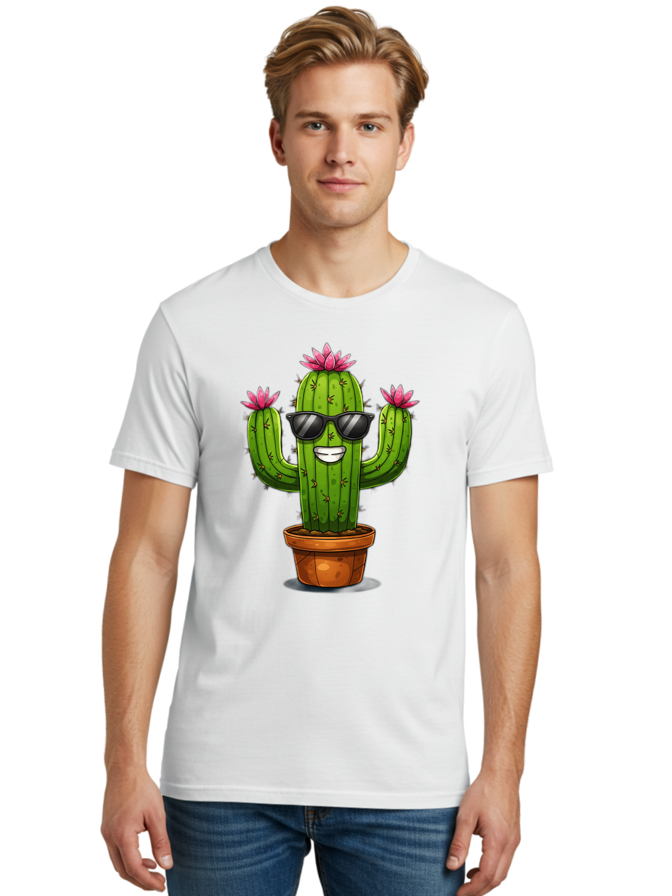 Cactus-Sunglasses-1 Men'S Graphic Tee, 100% Cotton, Comfortable Casual Summer Wear, Machine Washable, Funny Cactus, Sunglasses, Cartoon Style, Pink Flowers, Terracotta Pot, Smiling Face, Quirky Character, Houseplant Decor, Desert Vibes, Bac754