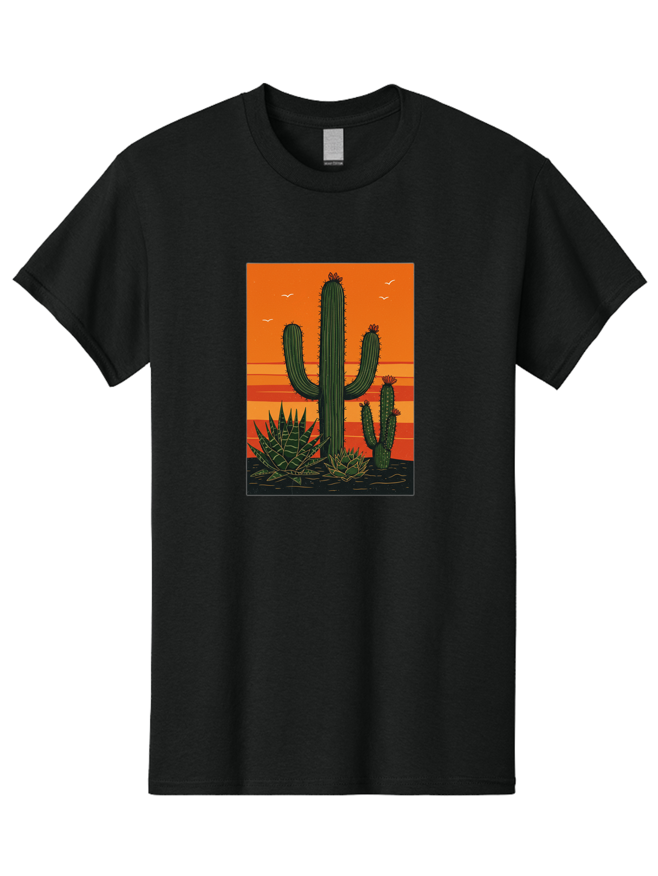 Cactus-Sunset-1 Men'S Graphic Tee, 100% Cotton, Comfortable Casual Summer Wear, Machine Washable, Cactus And Agave Plants, Desert Landscape, Vibrant Sunset, Orange And Yellow Hues, Natural Beauty, Outdoor Scenery, Peaceful Atmosphere, Bac756