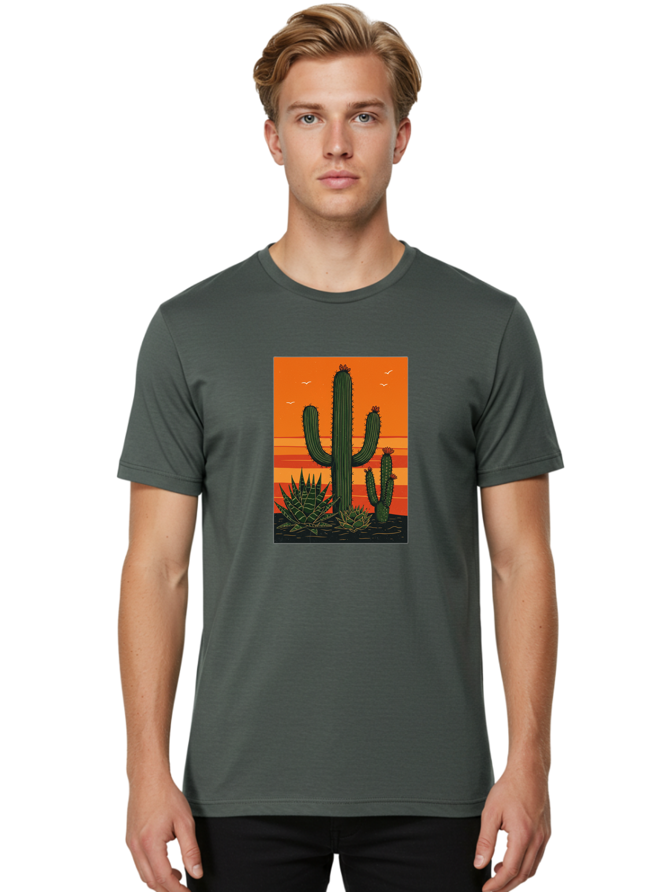 Cactus-Sunset-1 Men'S Graphic Tee, 100% Cotton, Comfortable Casual Summer Wear, Machine Washable, Cactus And Agave Plants, Desert Landscape, Vibrant Sunset, Orange And Yellow Hues, Natural Beauty, Outdoor Scenery, Peaceful Atmosphere, Bac756