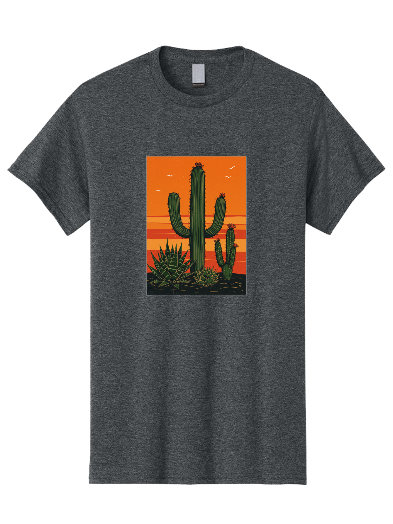 Cactus-Sunset-1 Men'S Graphic Tee, 100% Cotton, Comfortable Casual Summer Wear, Machine Washable, Cactus And Agave Plants, Desert Landscape, Vibrant Sunset, Orange And Yellow Hues, Natural Beauty, Outdoor Scenery, Peaceful Atmosphere, Bac756