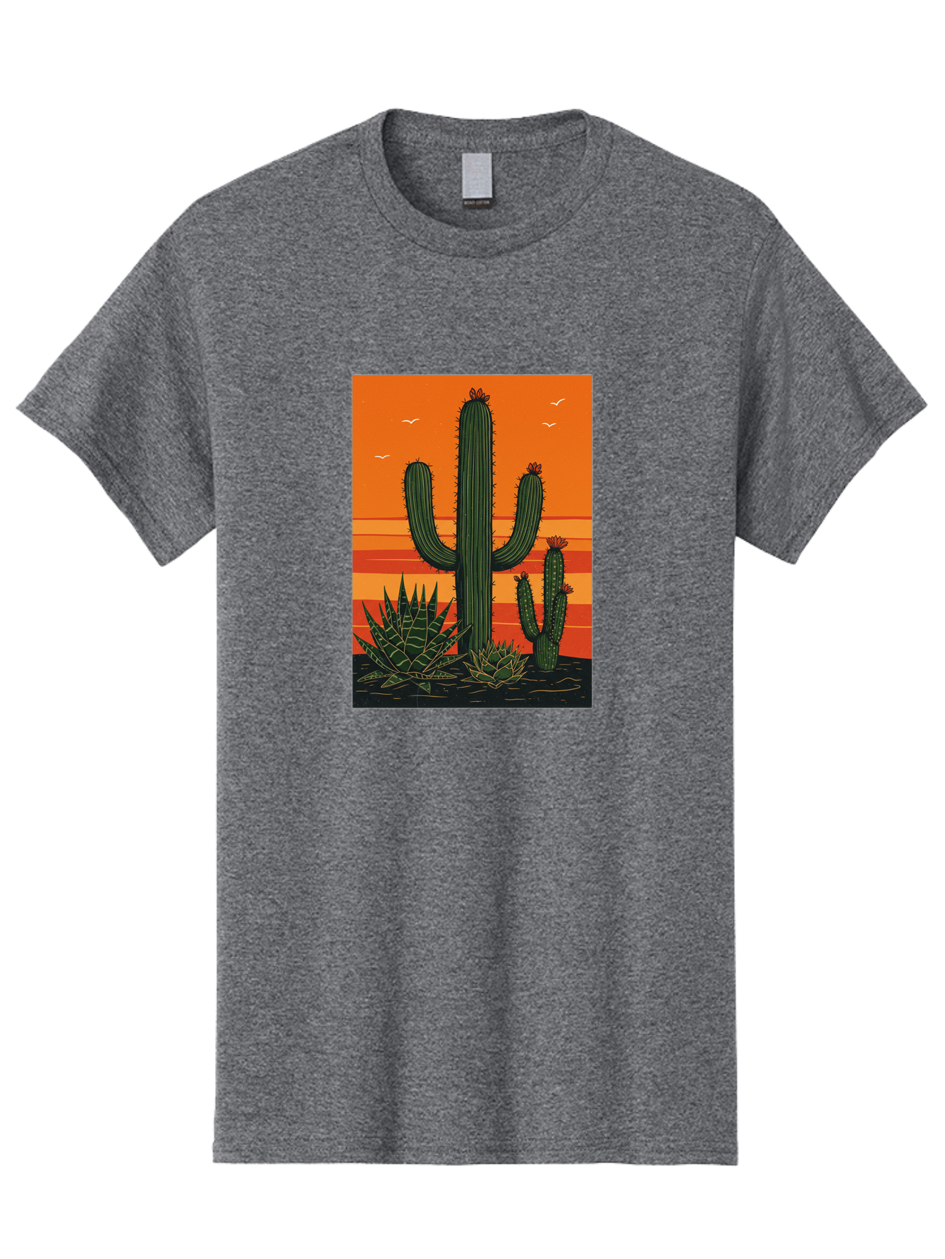 Cactus-Sunset-1 Men'S Graphic Tee, 100% Cotton, Comfortable Casual Summer Wear, Machine Washable, Cactus And Agave Plants, Desert Landscape, Vibrant Sunset, Orange And Yellow Hues, Natural Beauty, Outdoor Scenery, Peaceful Atmosphere, Bac756