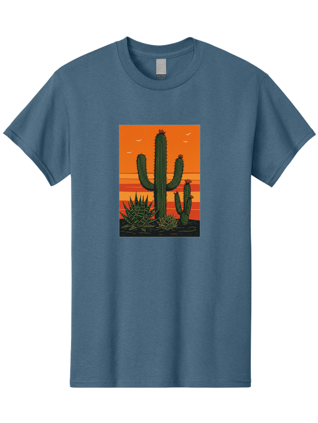 Cactus-Sunset-1 Men'S Graphic Tee, 100% Cotton, Comfortable Casual Summer Wear, Machine Washable, Cactus And Agave Plants, Desert Landscape, Vibrant Sunset, Orange And Yellow Hues, Natural Beauty, Outdoor Scenery, Peaceful Atmosphere, Bac756