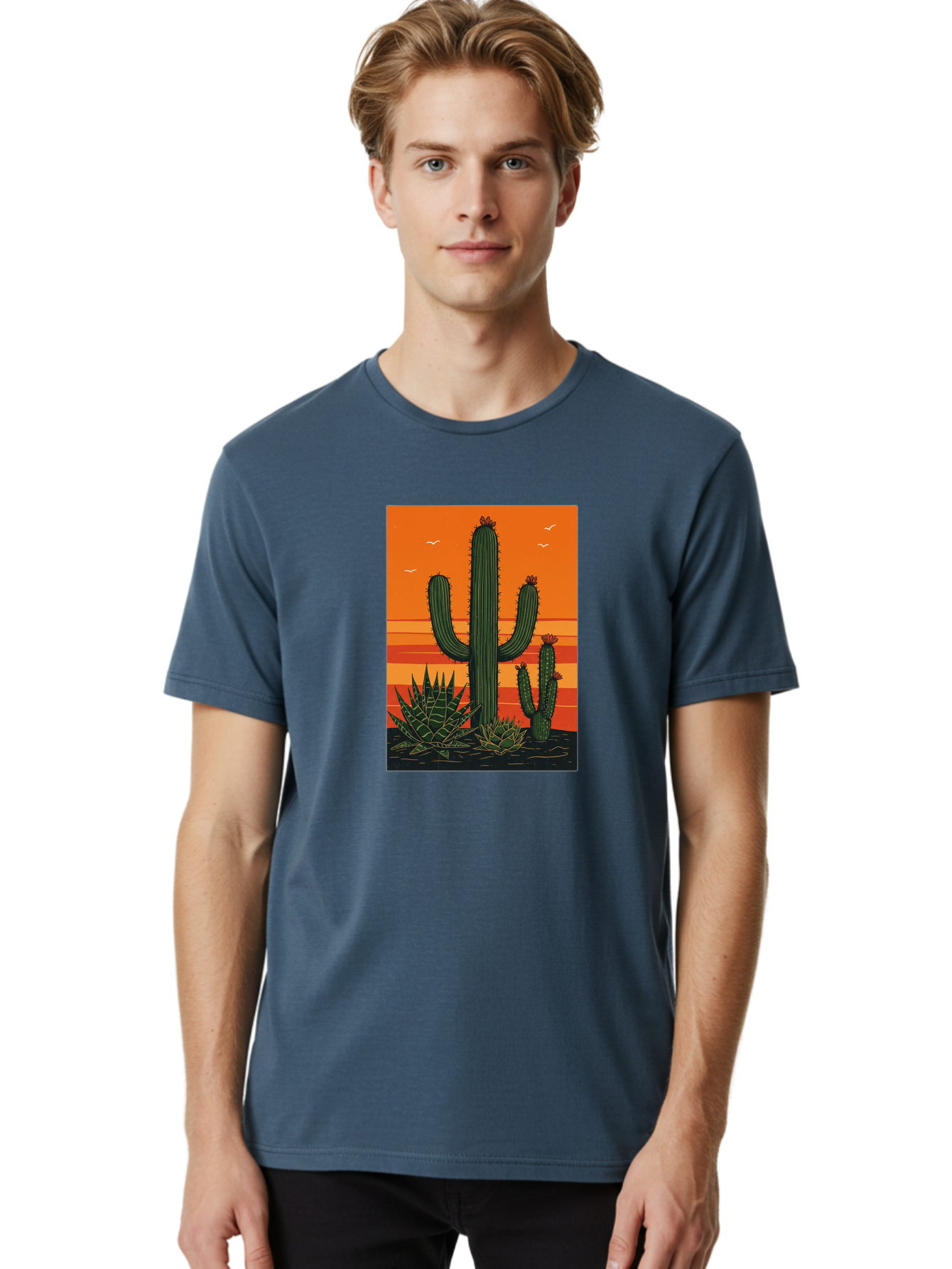 Cactus-Sunset-1 Men'S Graphic Tee, 100% Cotton, Comfortable Casual Summer Wear, Machine Washable, Cactus And Agave Plants, Desert Landscape, Vibrant Sunset, Orange And Yellow Hues, Natural Beauty, Outdoor Scenery, Peaceful Atmosphere, Bac756