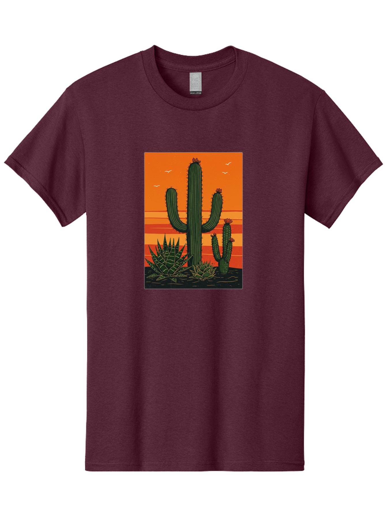 Cactus-Sunset-1 Men'S Graphic Tee, 100% Cotton, Comfortable Casual Summer Wear, Machine Washable, Cactus And Agave Plants, Desert Landscape, Vibrant Sunset, Orange And Yellow Hues, Natural Beauty, Outdoor Scenery, Peaceful Atmosphere, Bac756