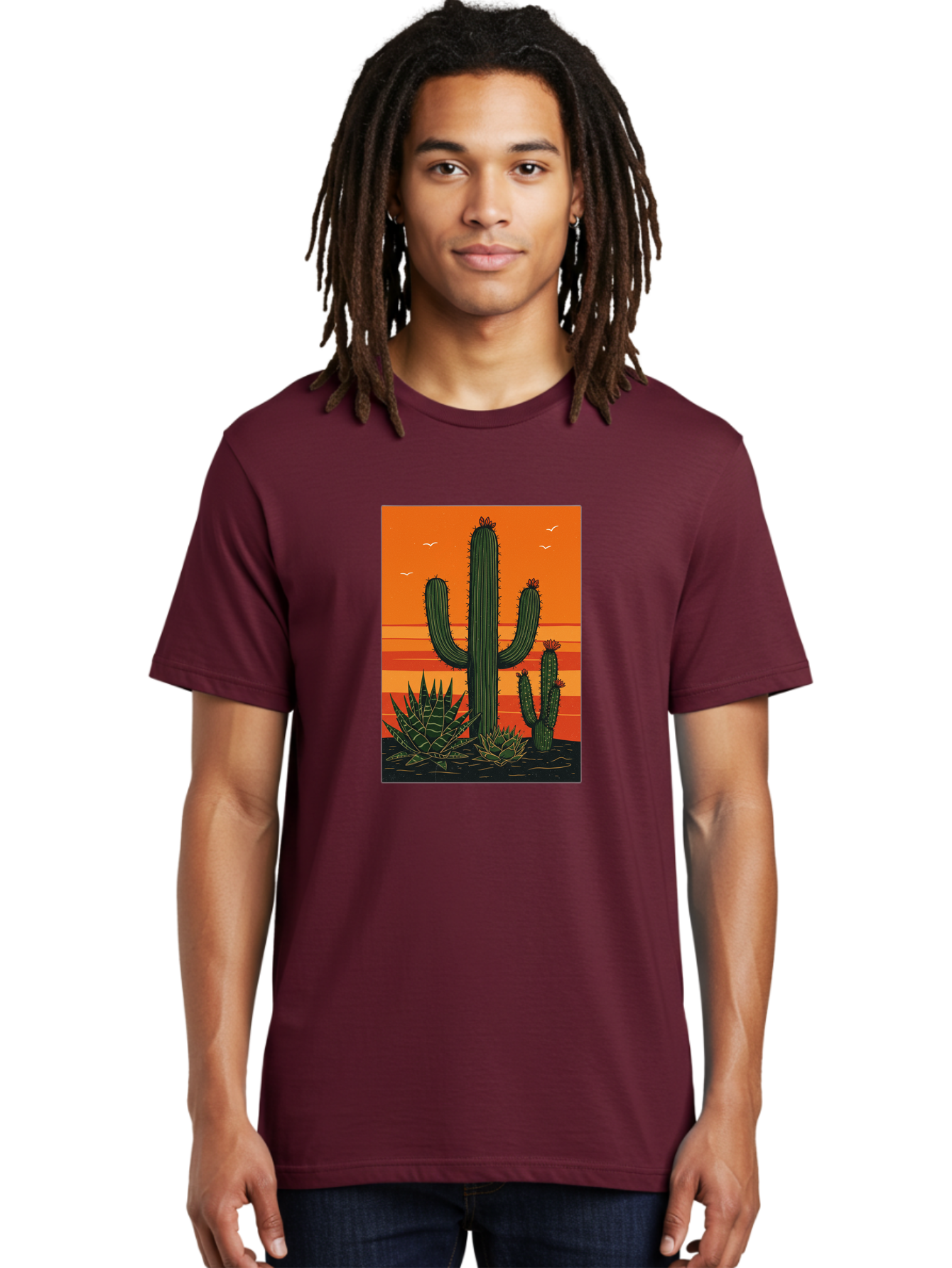 Cactus-Sunset-1 Men'S Graphic Tee, 100% Cotton, Comfortable Casual Summer Wear, Machine Washable, Cactus And Agave Plants, Desert Landscape, Vibrant Sunset, Orange And Yellow Hues, Natural Beauty, Outdoor Scenery, Peaceful Atmosphere, Bac756
