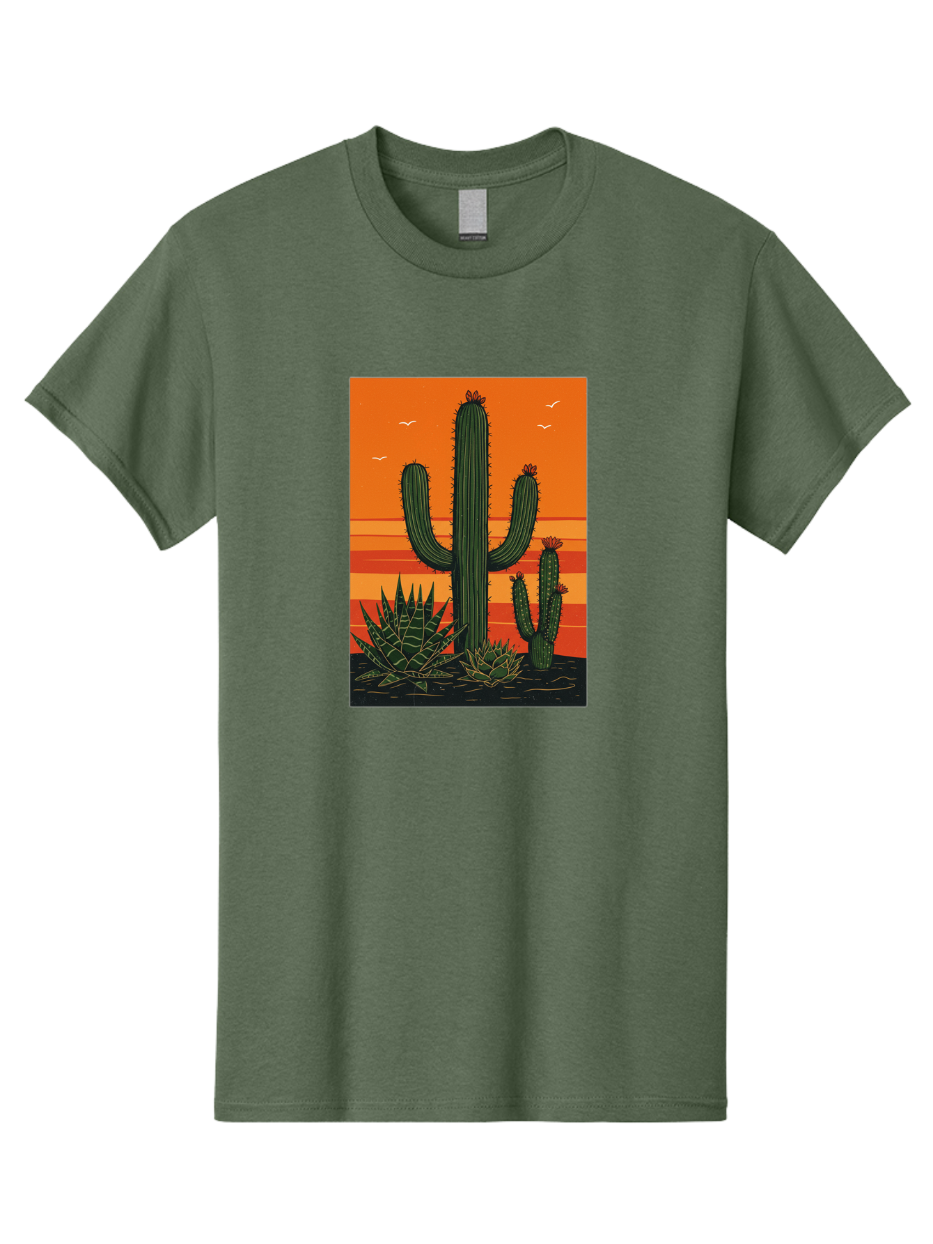Cactus-Sunset-1 Men'S Graphic Tee, 100% Cotton, Comfortable Casual Summer Wear, Machine Washable, Cactus And Agave Plants, Desert Landscape, Vibrant Sunset, Orange And Yellow Hues, Natural Beauty, Outdoor Scenery, Peaceful Atmosphere, Bac756