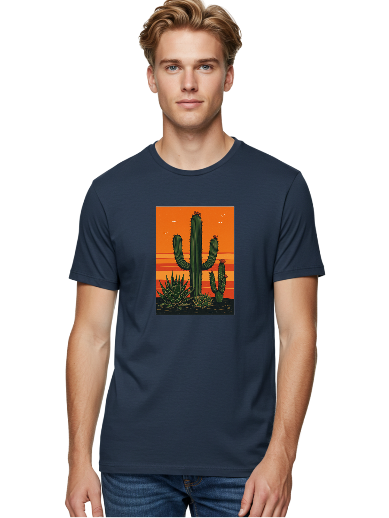 Cactus-Sunset-1 Men'S Graphic Tee, 100% Cotton, Comfortable Casual Summer Wear, Machine Washable, Cactus And Agave Plants, Desert Landscape, Vibrant Sunset, Orange And Yellow Hues, Natural Beauty, Outdoor Scenery, Peaceful Atmosphere, Bac756