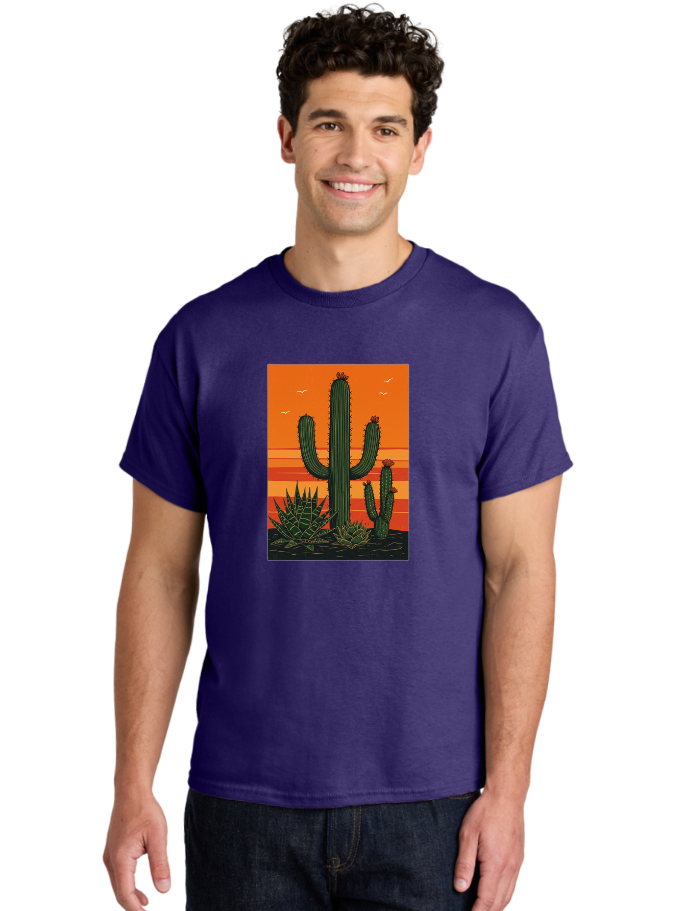 Cactus-Sunset-1 Men'S Graphic Tee, 100% Cotton, Comfortable Casual Summer Wear, Machine Washable, Cactus And Agave Plants, Desert Landscape, Vibrant Sunset, Orange And Yellow Hues, Natural Beauty, Outdoor Scenery, Peaceful Atmosphere, Bac756