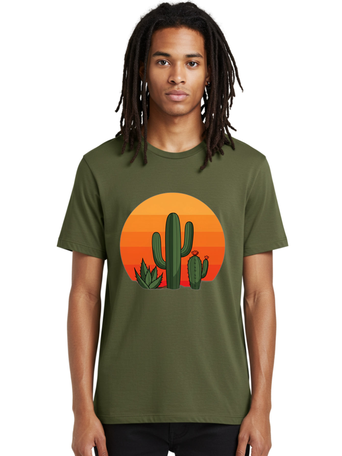 Cactus-Sunset Men'S Graphic Tee, 100% Cotton, Comfortable Casual Summer Wear, Machine Washable, Desert Landscape, Cacti And Succulents, Orange Sunset, Vibrant Colors, Desert Plants, Serene Atmosphere, Southwest Scenery, Natural Beauty Bac757