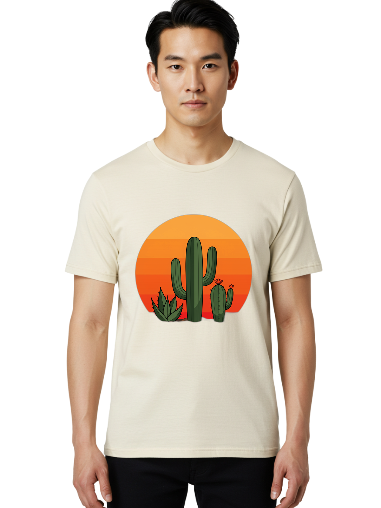Cactus-Sunset Men'S Graphic Tee, 100% Cotton, Comfortable Casual Summer Wear, Machine Washable, Desert Landscape, Cacti And Succulents, Orange Sunset, Vibrant Colors, Desert Plants, Serene Atmosphere, Southwest Scenery, Natural Beauty Bac757
