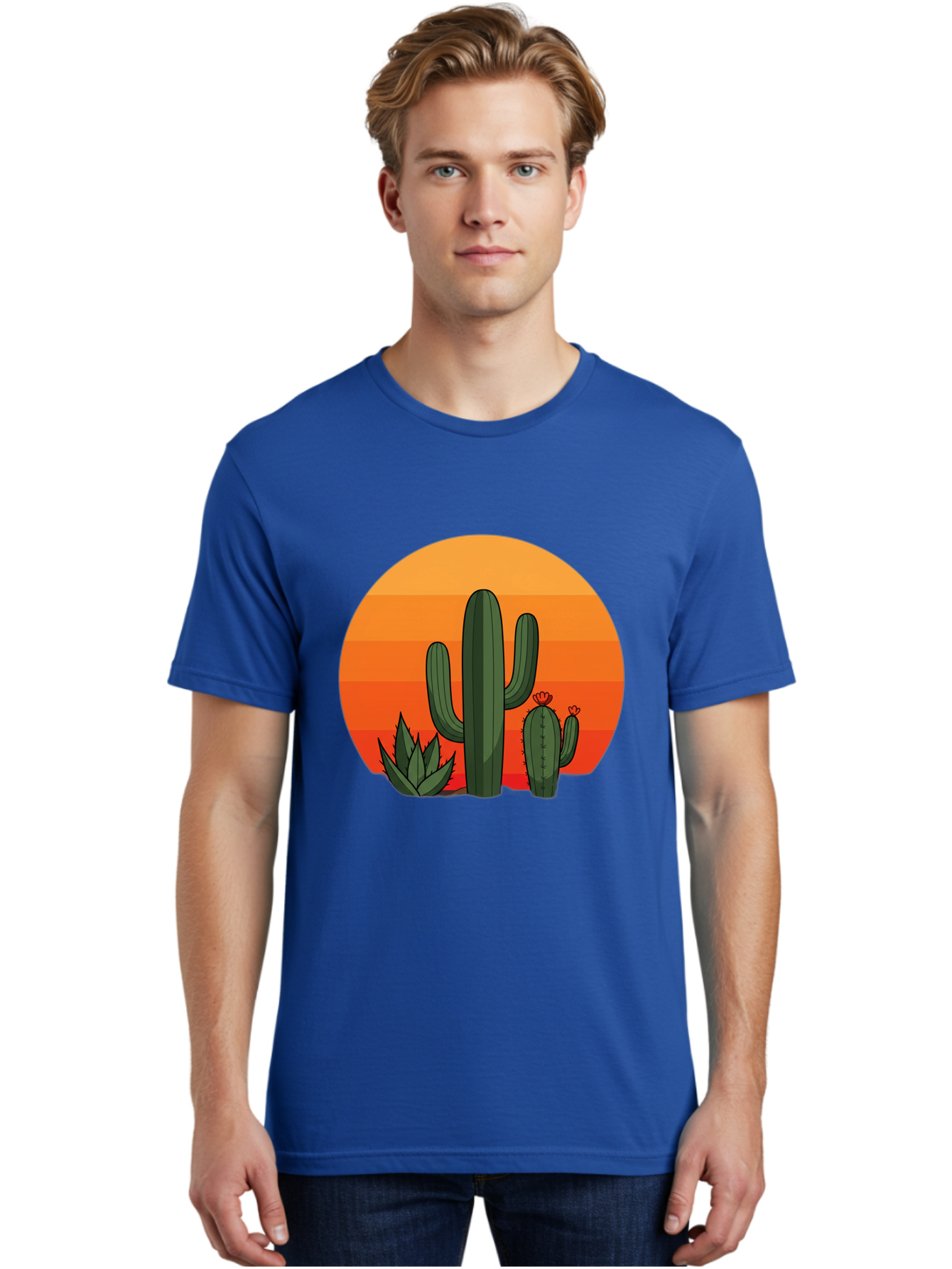 Cactus-Sunset Men'S Graphic Tee, 100% Cotton, Comfortable Casual Summer Wear, Machine Washable, Desert Landscape, Cacti And Succulents, Orange Sunset, Vibrant Colors, Desert Plants, Serene Atmosphere, Southwest Scenery, Natural Beauty Bac757