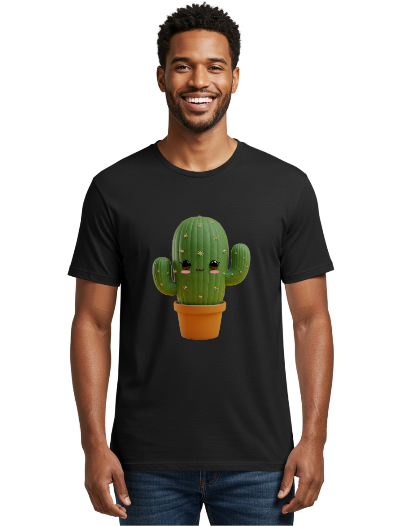 Cactus-With-Face Men'S Graphic Tee, 100% Cotton, Comfortable Casual Summer Wear, Machine Washable, Cartoon Cactus, Potted Plant, Cute Desert Plant, Kawaii Cactus, Smiling Face, Yellow Stars, Terracotta Pot, Adorable Home Decor Bac759