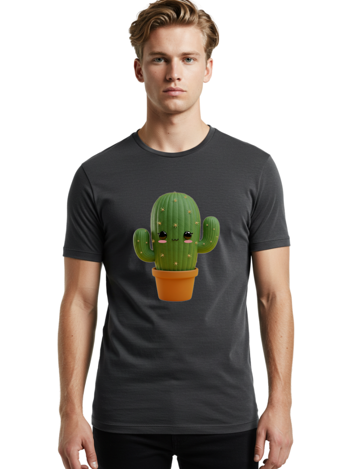 Cactus-With-Face Men'S Graphic Tee, 100% Cotton, Comfortable Casual Summer Wear, Machine Washable, Cartoon Cactus, Potted Plant, Cute Desert Plant, Kawaii Cactus, Smiling Face, Yellow Stars, Terracotta Pot, Adorable Home Decor Bac759