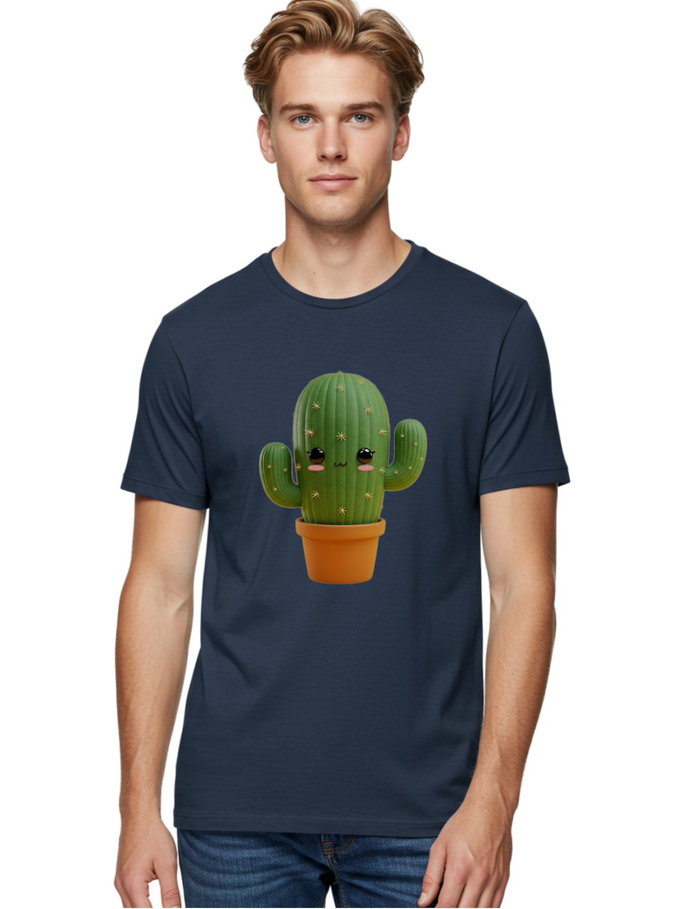 Cactus-With-Face Men'S Graphic Tee, 100% Cotton, Comfortable Casual Summer Wear, Machine Washable, Cartoon Cactus, Potted Plant, Cute Desert Plant, Kawaii Cactus, Smiling Face, Yellow Stars, Terracotta Pot, Adorable Home Decor Bac759