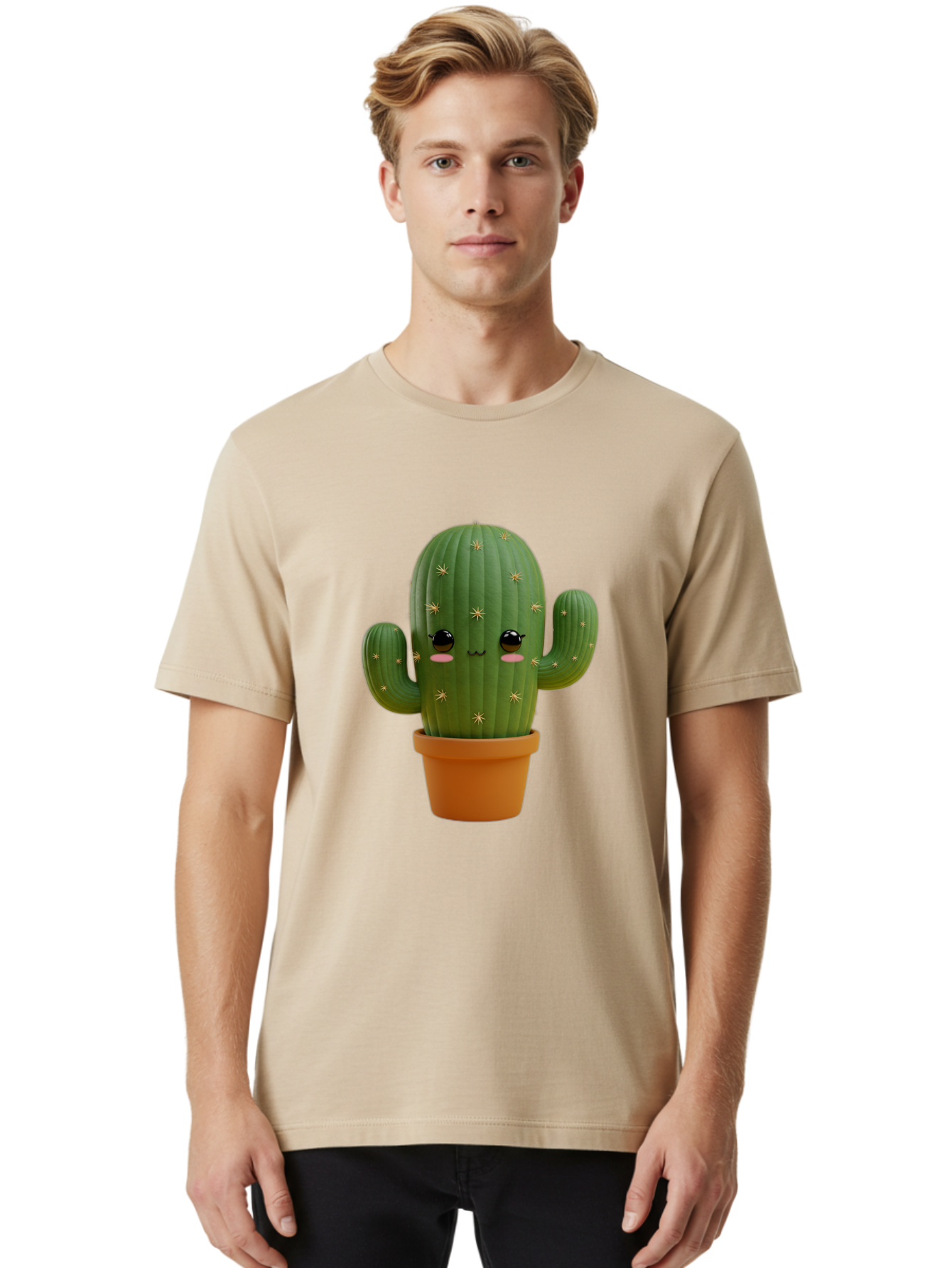 Cactus-With-Face Men'S Graphic Tee, 100% Cotton, Comfortable Casual Summer Wear, Machine Washable, Cartoon Cactus, Potted Plant, Cute Desert Plant, Kawaii Cactus, Smiling Face, Yellow Stars, Terracotta Pot, Adorable Home Decor Bac759