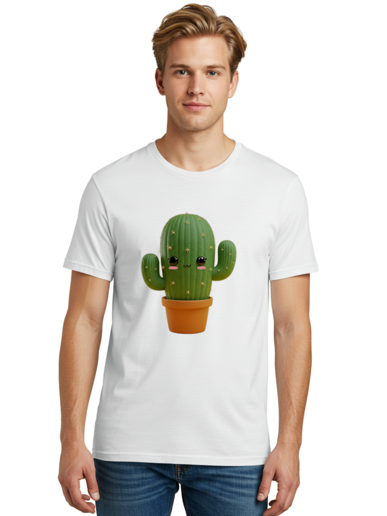 Cactus-With-Face Men'S Graphic Tee, 100% Cotton, Comfortable Casual Summer Wear, Machine Washable, Cartoon Cactus, Potted Plant, Cute Desert Plant, Kawaii Cactus, Smiling Face, Yellow Stars, Terracotta Pot, Adorable Home Decor Bac759