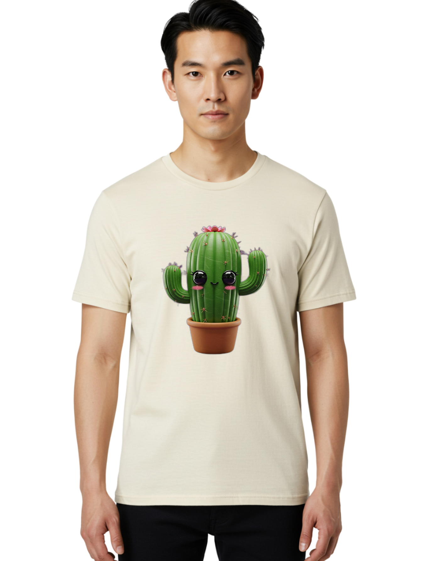Cactus-With-Pink-Flower-1 Men'S Graphic Tee, 100% Cotton, Comfortable Casual Summer Wear, Machine Washable, Cartoon Cactus, Potted Cactus, Cute Cactus, Cactus With Flower, Smiling Cactus, Adorable Plant, Desert Plant, Succulent, Bac760