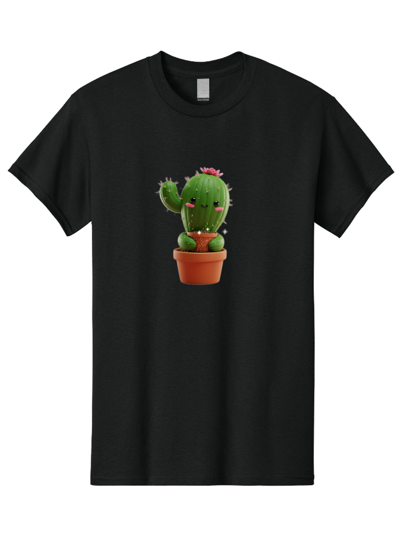 Cactus-With-Pink-Flower Men'S Graphic Tee, 100% Cotton, Comfortable Casual Summer Wear, Machine Washable, Smiling Cactus, Potted Cactus, Cartoon Cactus, Lovely Cactus, Cactus In Pot, Succulent Plant, Cute Character, Kawaii Cactus, Bac762