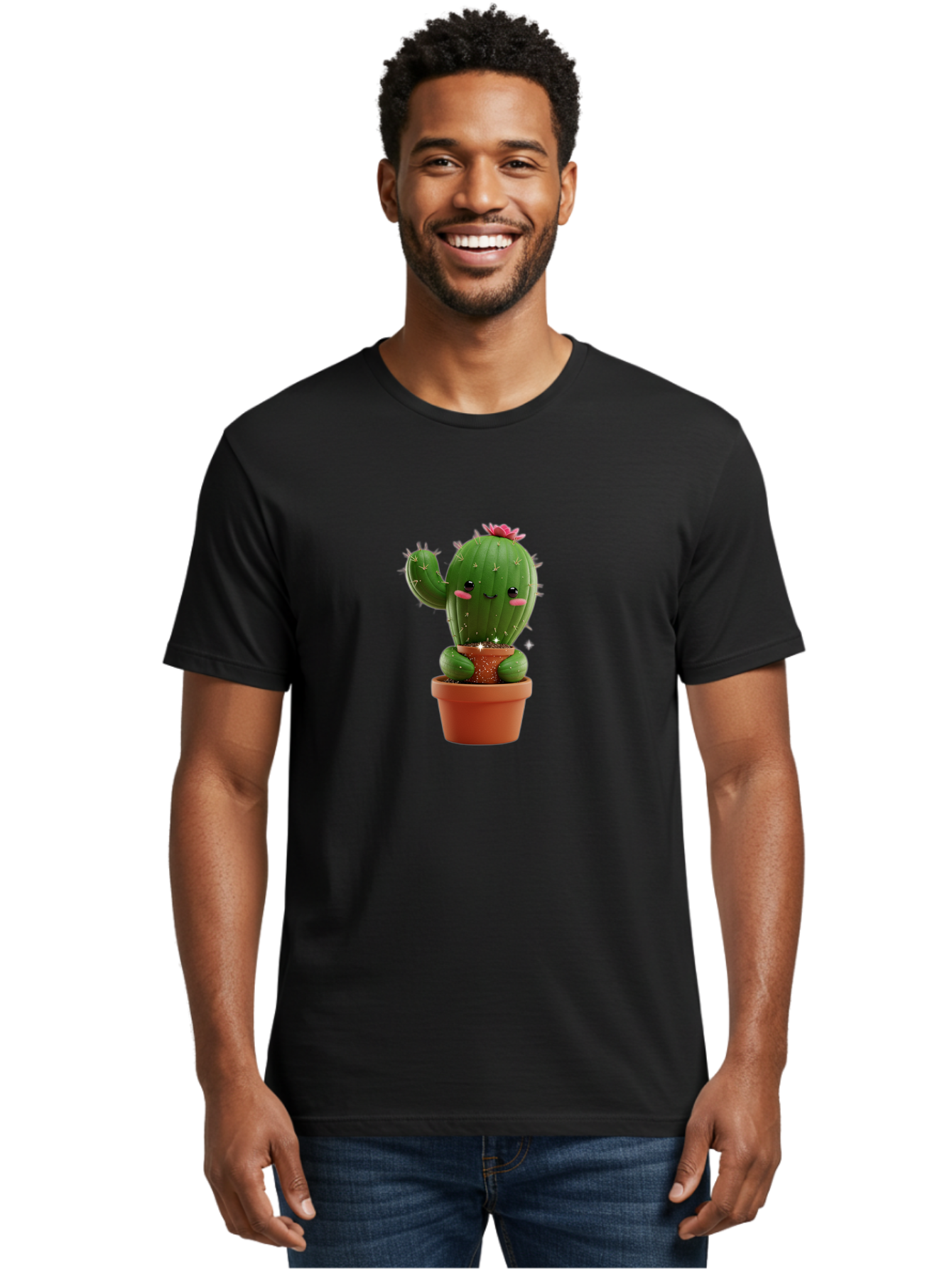 Cactus-With-Pink-Flower Men'S Graphic Tee, 100% Cotton, Comfortable Casual Summer Wear, Machine Washable, Smiling Cactus, Potted Cactus, Cartoon Cactus, Lovely Cactus, Cactus In Pot, Succulent Plant, Cute Character, Kawaii Cactus, Bac762