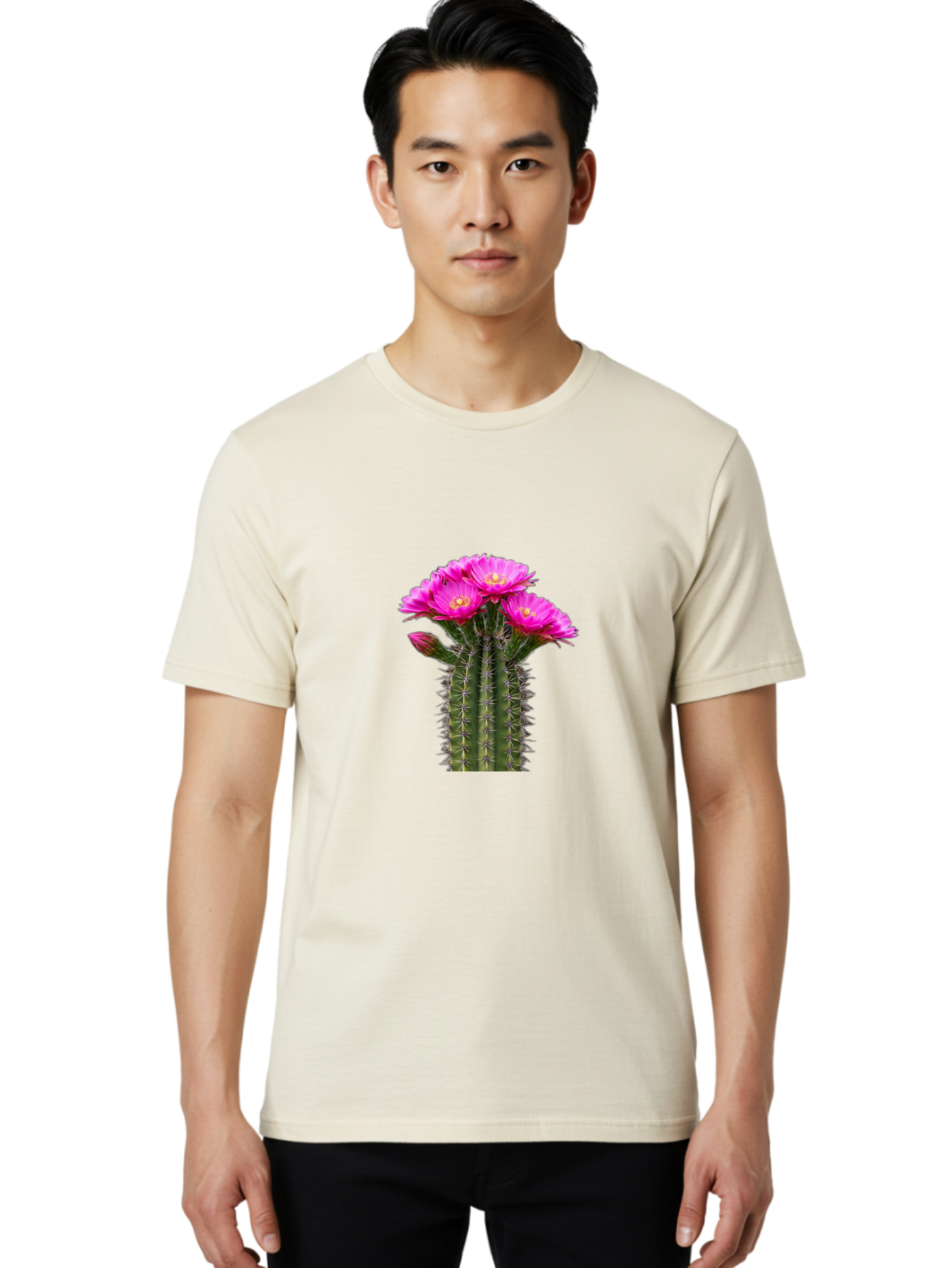 Cactus-With-Pink-Flowers Men'S Graphic Tee, 100% Cotton, Comfortable Casual Summer Wear, Machine Washable, Cactus With Pink Flowers, Vibrant Floral Display, Sharp Spines, Desert Plant, Flowering Cactus, Pink Petals, Yellow Center, Trichocereus Bac763