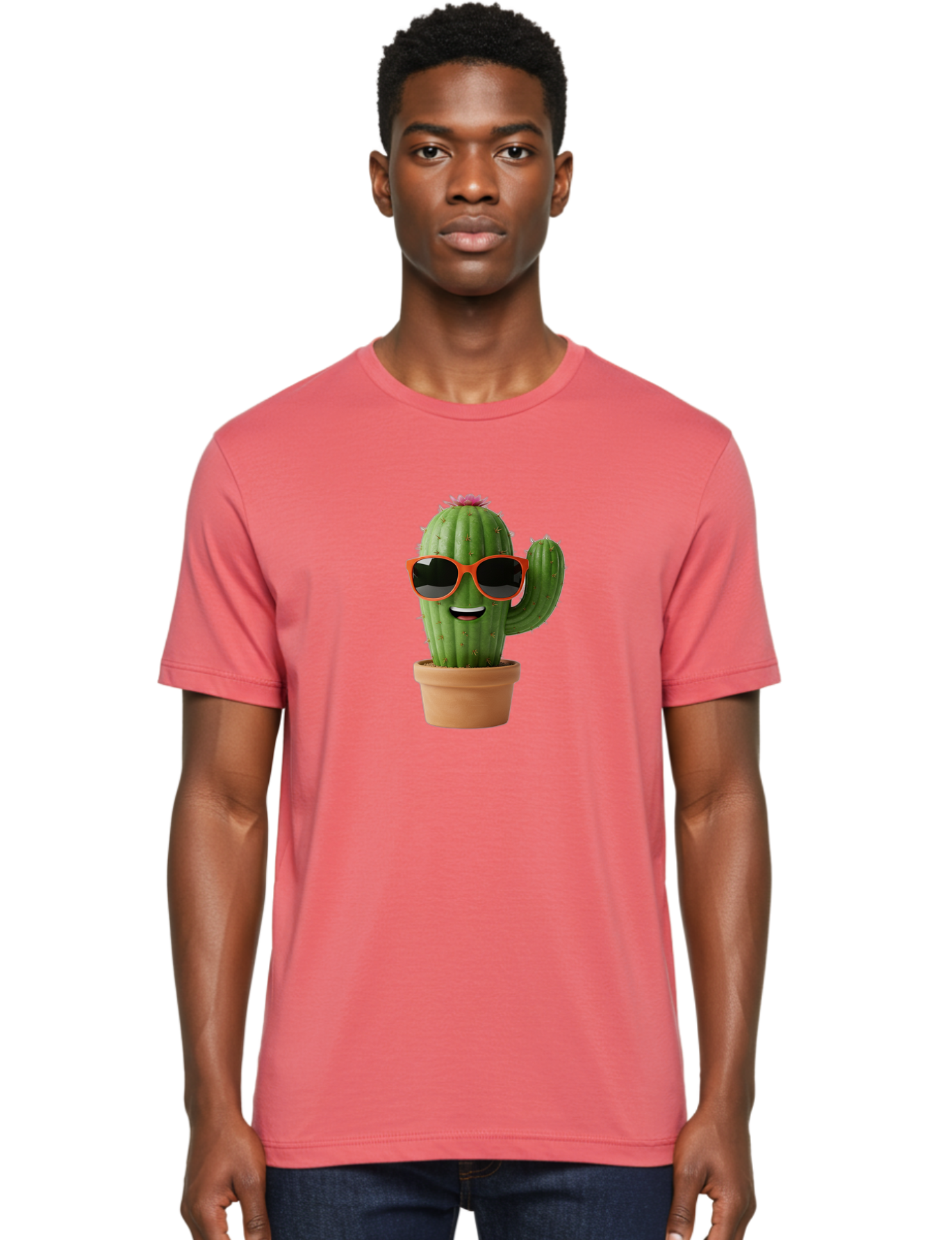 Cactus-With-Sunglasses Men'S Graphic Tee, 100% Cotton, Comfortable Casual Summer Wear, Machine Washable, Funny Cactus, Cartoon Character, Cactus In Sunglasses, Orange Shades, Happy Face, Potted Cactus, Red Sunglasses, Quirky Illustration, Bac767
