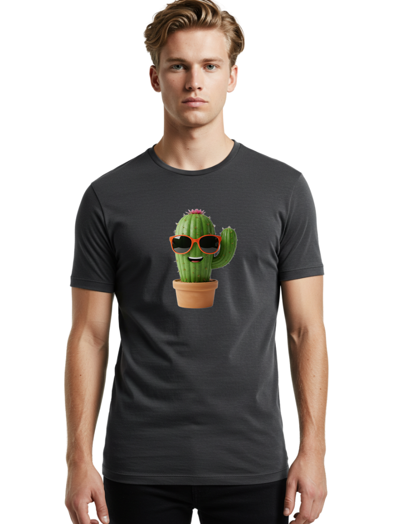 Cactus-With-Sunglasses Men'S Graphic Tee, 100% Cotton, Comfortable Casual Summer Wear, Machine Washable, Funny Cactus, Cartoon Character, Cactus In Sunglasses, Orange Shades, Happy Face, Potted Cactus, Red Sunglasses, Quirky Illustration, Bac767