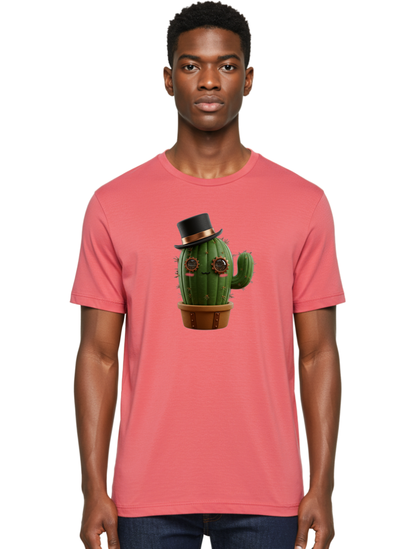 Cactus-With-Top-Hat Men'S Graphic Tee, 100% Cotton, Comfortable Casual Summer Wear, Machine Washable, Steampunk Cactus, Top Hat, Copper Accents, Vintage Vibe, Quirky Character, Fantasy Art, Unique Decor, Creative Design, Steampunk Style Bac768