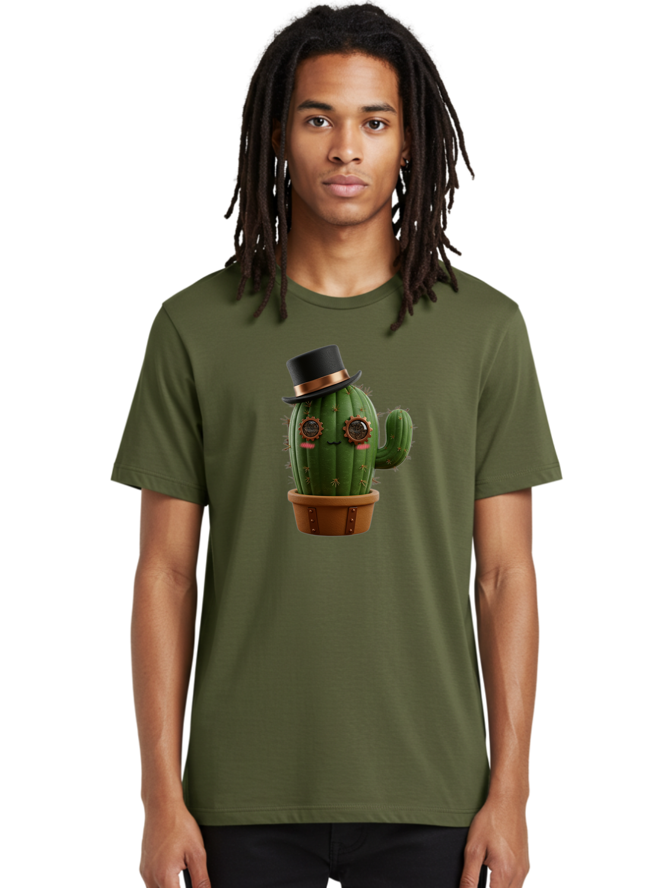 Cactus-With-Top-Hat Men'S Graphic Tee, 100% Cotton, Comfortable Casual Summer Wear, Machine Washable, Steampunk Cactus, Top Hat, Copper Accents, Vintage Vibe, Quirky Character, Fantasy Art, Unique Decor, Creative Design, Steampunk Style Bac768