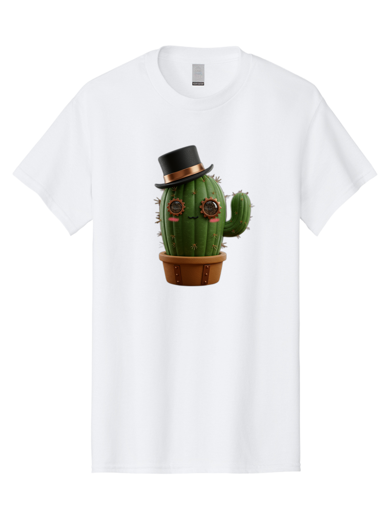 Cactus-With-Top-Hat Men'S Graphic Tee, 100% Cotton, Comfortable Casual Summer Wear, Machine Washable, Steampunk Cactus, Top Hat, Copper Accents, Vintage Vibe, Quirky Character, Fantasy Art, Unique Decor, Creative Design, Steampunk Style Bac768