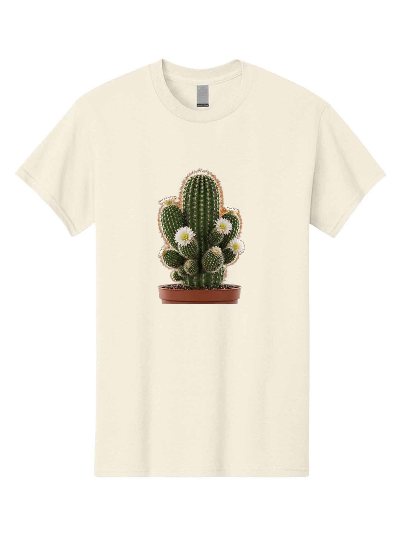 Cactus-With-White-Flowers Men'S Graphic Tee, 100% Cotton, Comfortable Casual Summer Wear, Machine Washable, Cactus Plant, White Flowers, Spiky Texture, Potted Cactus, Blooming Cactus, Desert Plants, Succulent Garden, Houseplants, Bac770