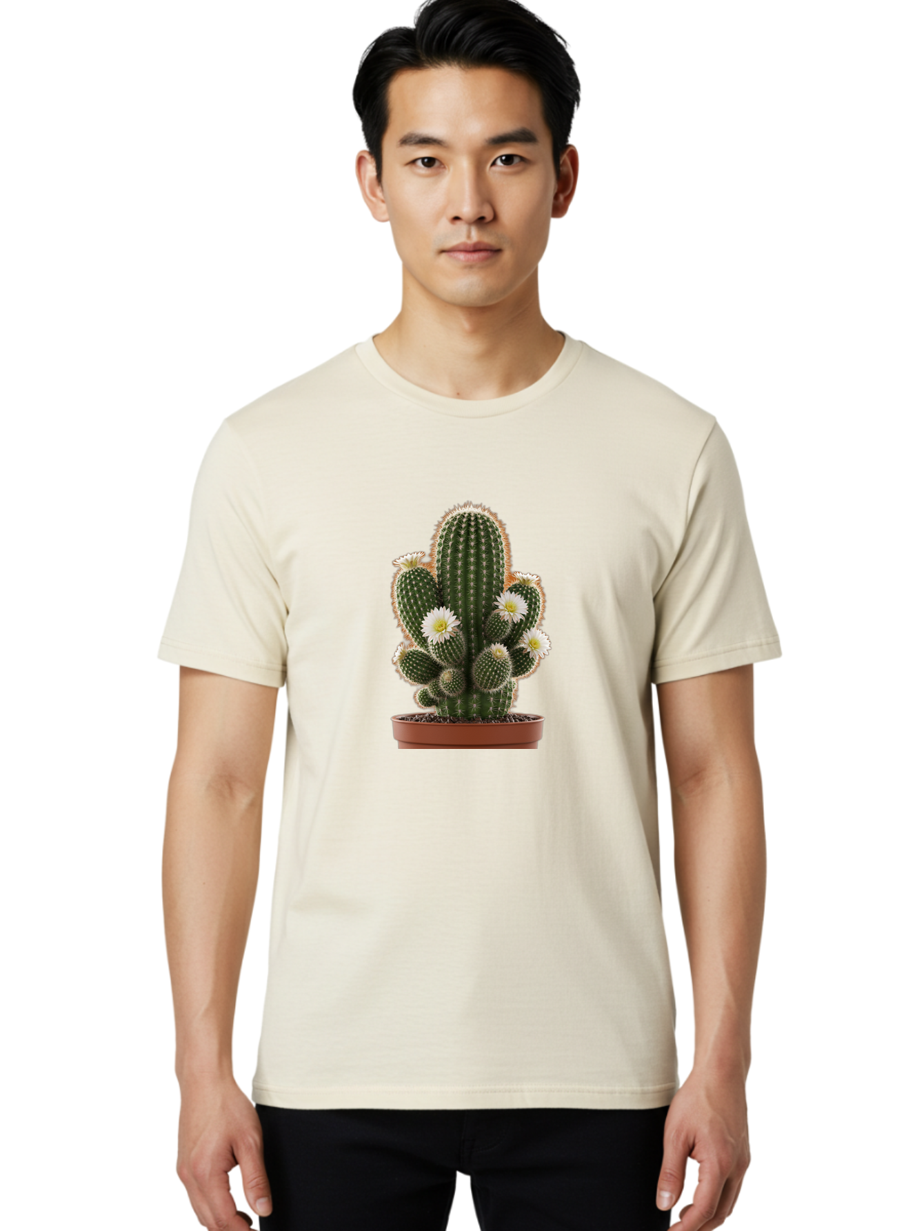 Cactus-With-White-Flowers Men'S Graphic Tee, 100% Cotton, Comfortable Casual Summer Wear, Machine Washable, Cactus Plant, White Flowers, Spiky Texture, Potted Cactus, Blooming Cactus, Desert Plants, Succulent Garden, Houseplants, Bac770