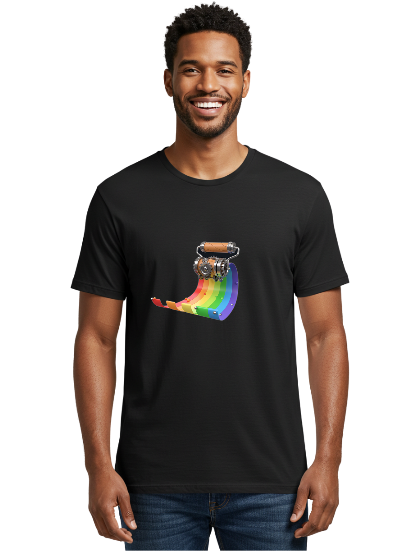 Camera-On-Strip Men'S Graphic Tee, 100% Cotton, Comfortable Casual Summer Wear, Machine Washable, Steampunk Machinery, Industrial Design, Rainbow-Colored Metal, 3D Rendering, Futuristic Technology, Retro-Futurism, Imaginative Concept, Bac772