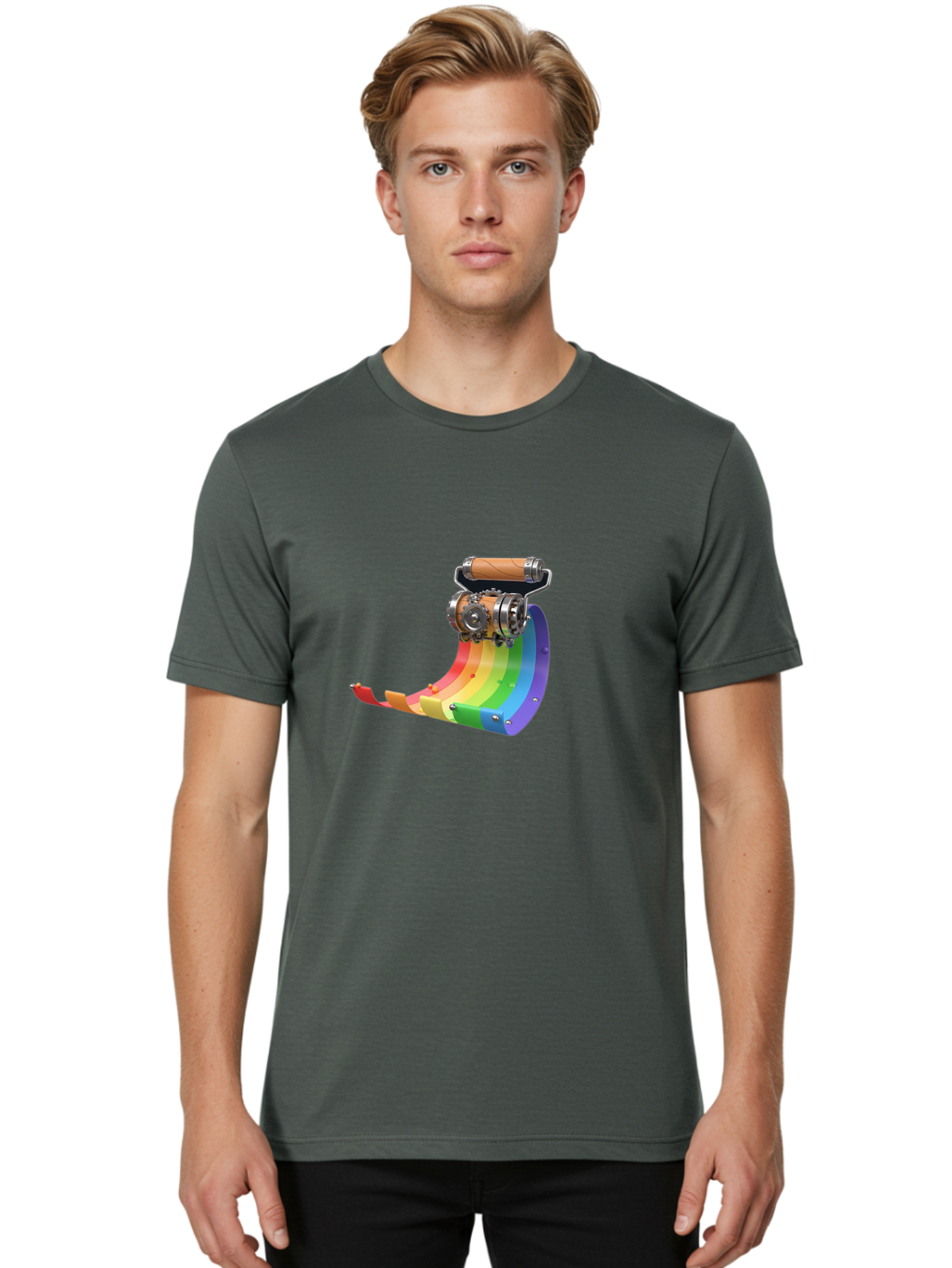 Camera-On-Strip Men'S Graphic Tee, 100% Cotton, Comfortable Casual Summer Wear, Machine Washable, Steampunk Machinery, Industrial Design, Rainbow-Colored Metal, 3D Rendering, Futuristic Technology, Retro-Futurism, Imaginative Concept, Bac772