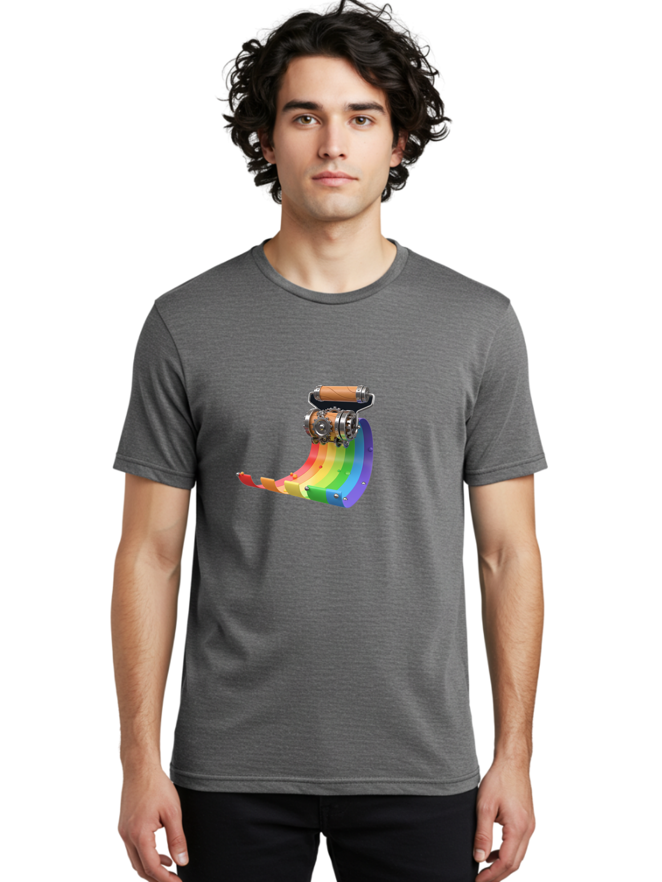 Camera-On-Strip Men'S Graphic Tee, 100% Cotton, Comfortable Casual Summer Wear, Machine Washable, Steampunk Machinery, Industrial Design, Rainbow-Colored Metal, 3D Rendering, Futuristic Technology, Retro-Futurism, Imaginative Concept, Bac772