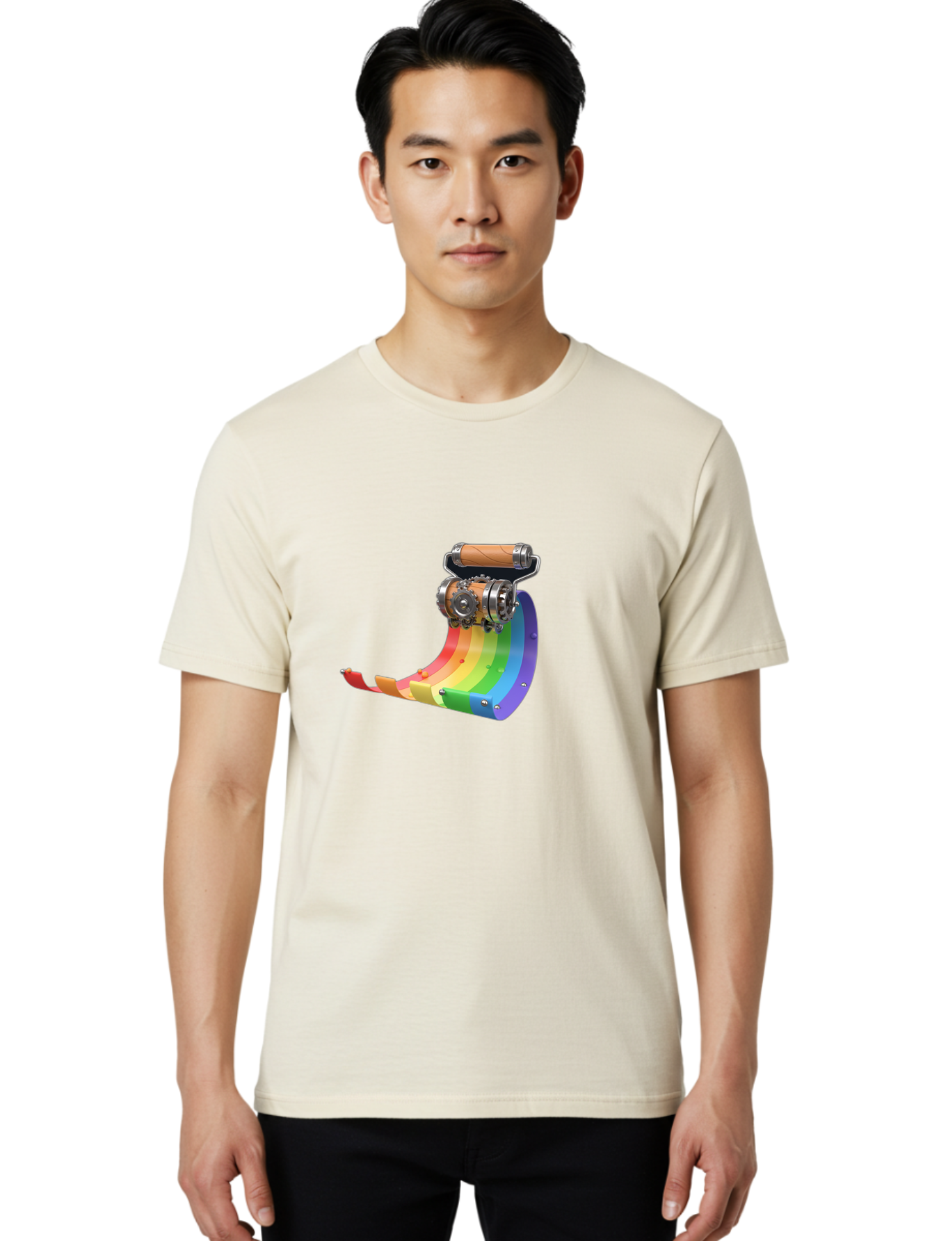 Camera-On-Strip Men'S Graphic Tee, 100% Cotton, Comfortable Casual Summer Wear, Machine Washable, Steampunk Machinery, Industrial Design, Rainbow-Colored Metal, 3D Rendering, Futuristic Technology, Retro-Futurism, Imaginative Concept, Bac772