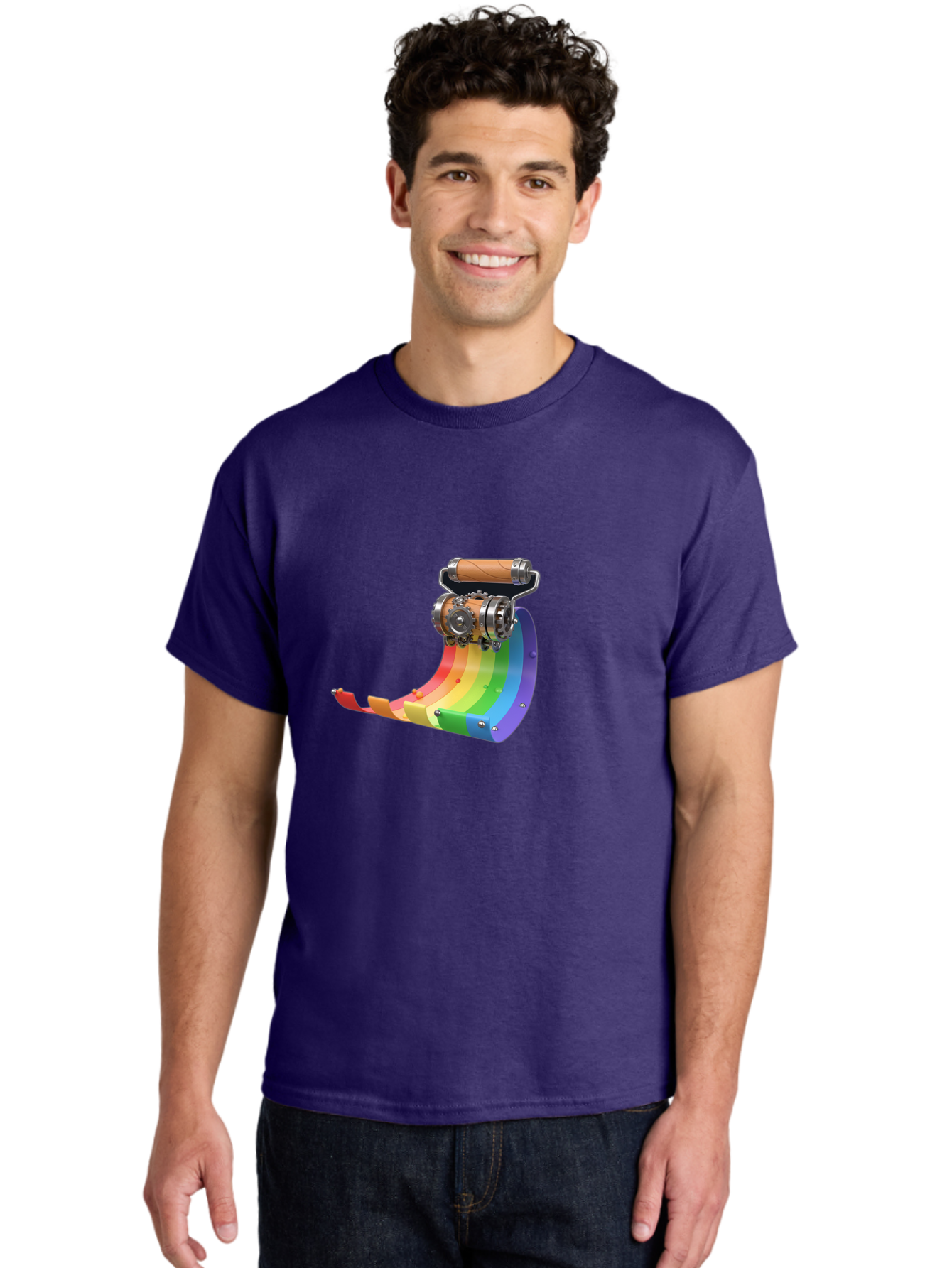 Camera-On-Strip Men'S Graphic Tee, 100% Cotton, Comfortable Casual Summer Wear, Machine Washable, Steampunk Machinery, Industrial Design, Rainbow-Colored Metal, 3D Rendering, Futuristic Technology, Retro-Futurism, Imaginative Concept, Bac772