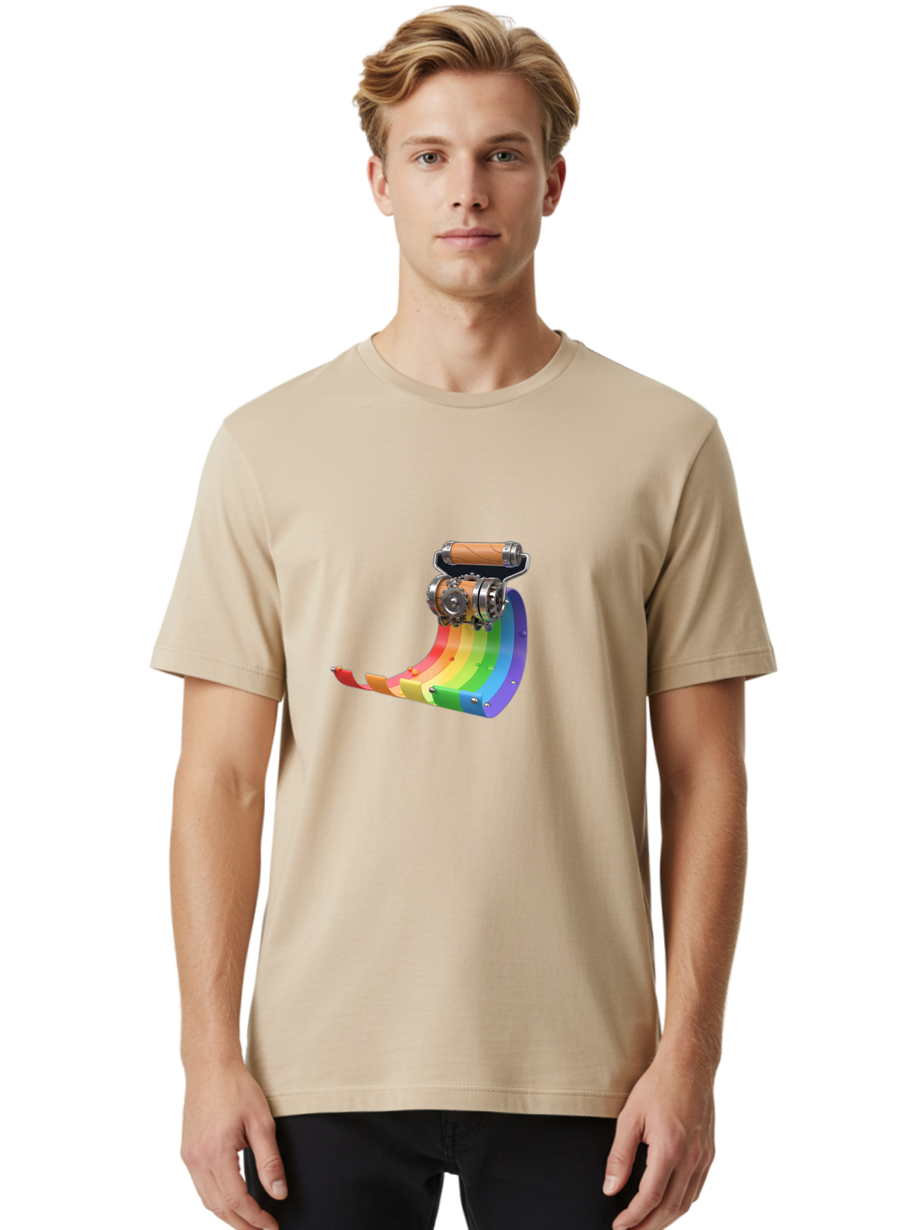 Camera-On-Strip Men'S Graphic Tee, 100% Cotton, Comfortable Casual Summer Wear, Machine Washable, Steampunk Machinery, Industrial Design, Rainbow-Colored Metal, 3D Rendering, Futuristic Technology, Retro-Futurism, Imaginative Concept, Bac772