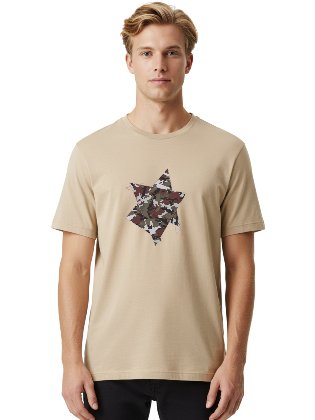 Camo-Star-Kite Men'S Graphic Tee, 100% Cotton, Comfortable Casual Summer Wear, Machine Washable, Camouflage Pattern, Star Shape, Abstract Design, Military Style, Digital Art, Modern Graphic, Camouflage Texture, Geometric Shape Bac774