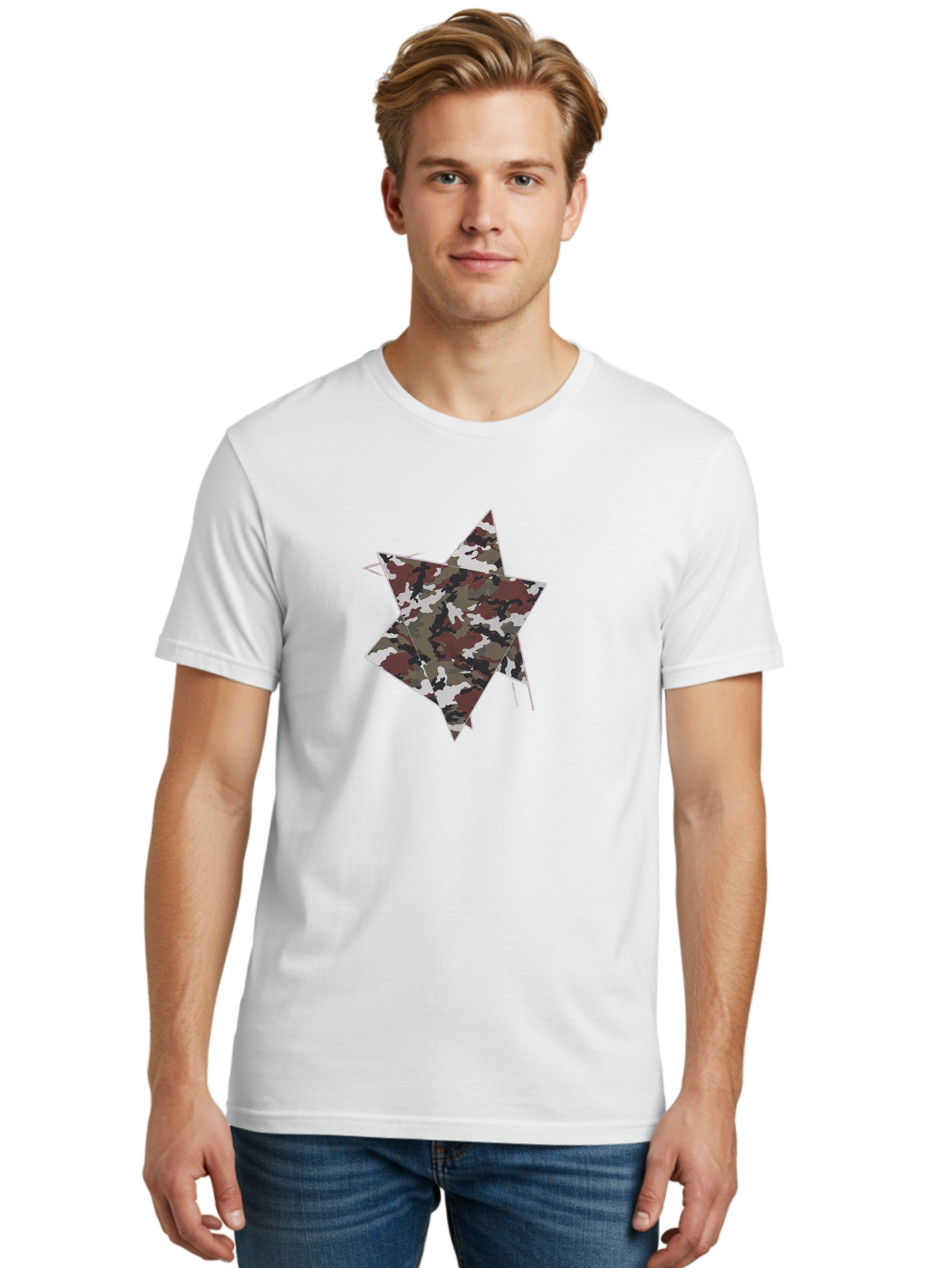 Camo-Star-Kite Men'S Graphic Tee, 100% Cotton, Comfortable Casual Summer Wear, Machine Washable, Camouflage Pattern, Star Shape, Abstract Design, Military Style, Digital Art, Modern Graphic, Camouflage Texture, Geometric Shape Bac774