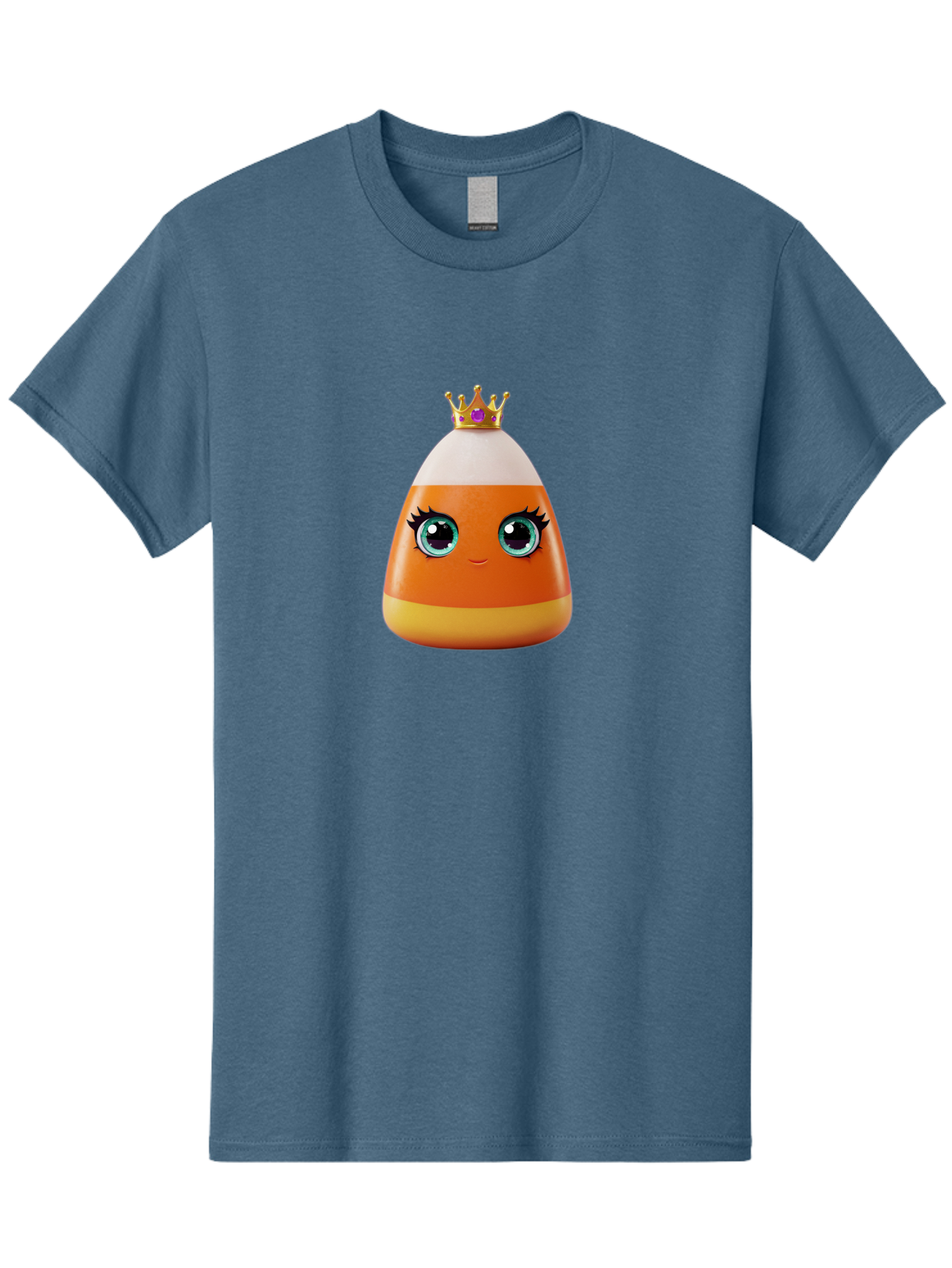 Candy-Corn-Princess Men'S Graphic Tee, 100% Cotton, Comfortable Casual Summer Wear, Machine Washable, Cartoon Candy Corn, Cute Face, Blue Eyes, Eyelashes, Crown, Princess Theme, Halloween Candy, Sweet Treat, Colorful Character Bac776