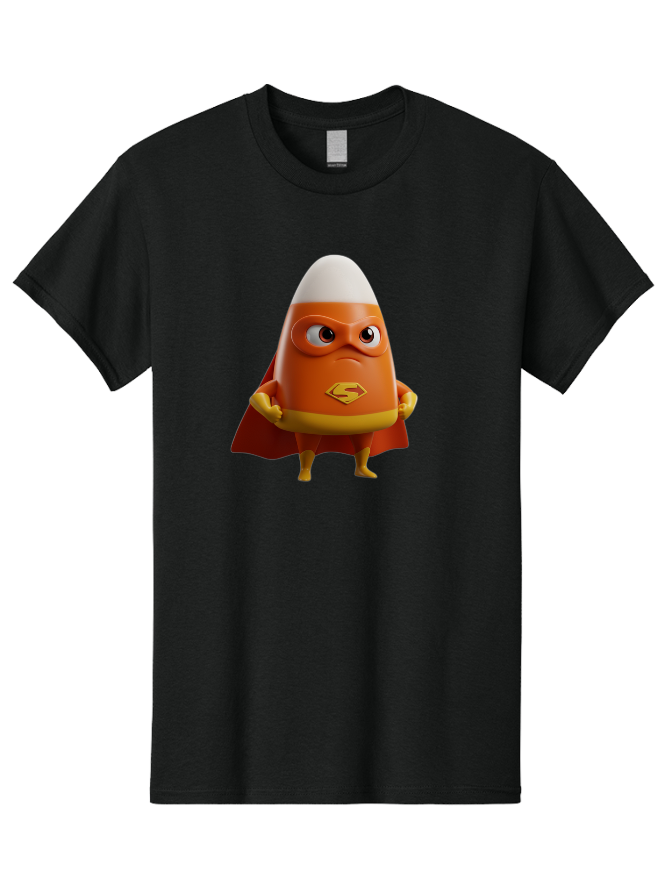 Candy-Corn-Superhero Men'S Graphic Tee, 100% Cotton, Comfortable Casual Summer Wear, Machine Washable, Candy Corn Character, Superman Costume, Superhero Theme, Cartoon Style, Orange And Yellow, Playful Design, 3D Illustration, Bac777