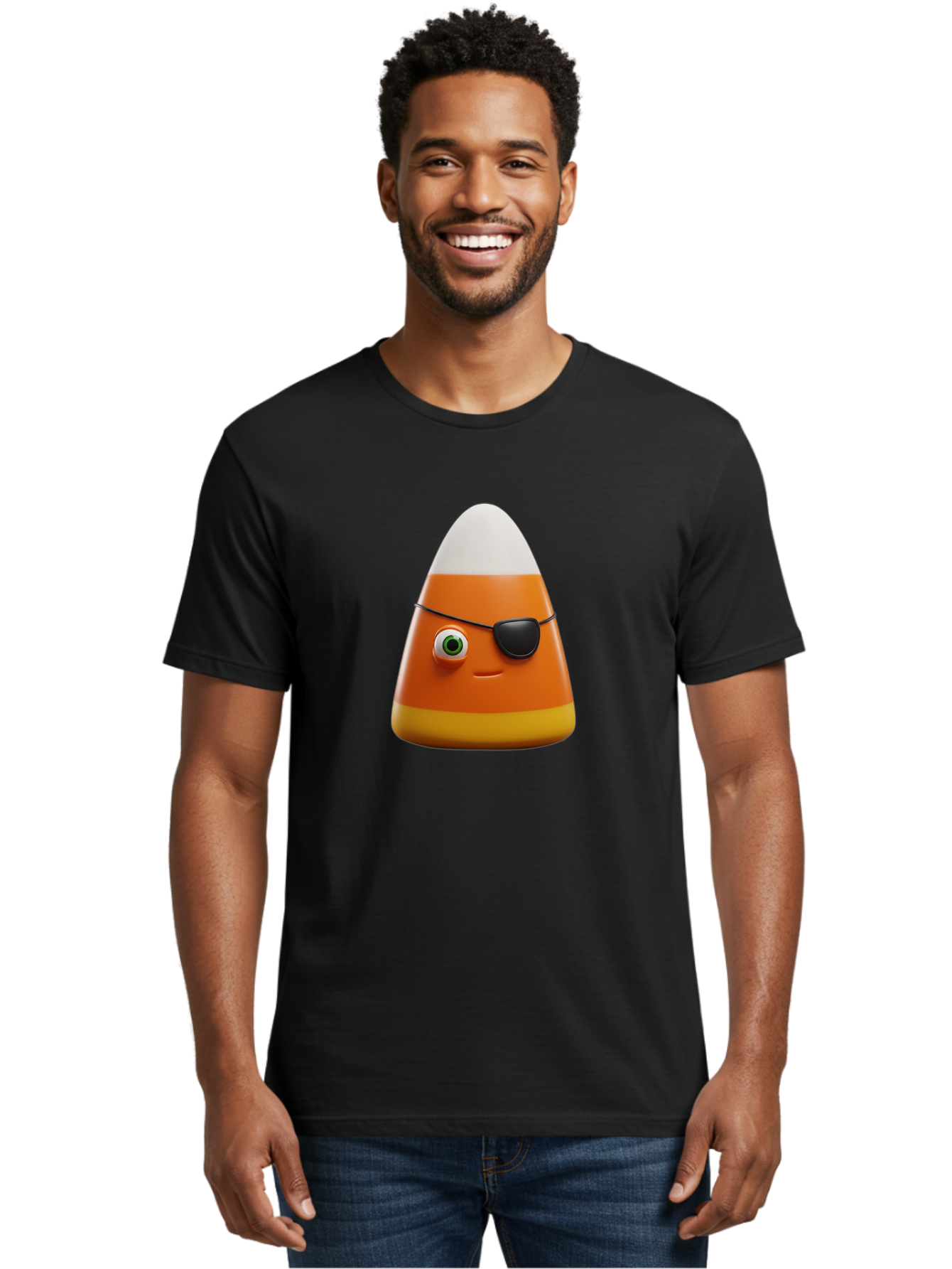 Candy-Corn-With-Eye-Patch Men'S Graphic Tee, 100% Cotton, Comfortable Casual Summer Wear, Machine Washable, Candy Corn Cartoon Character, Halloween Candy, Pirate-Themed Sweets, Sweet Treats, Colorful Candy, Fun Halloween, Cartoon Graphics, Bac778