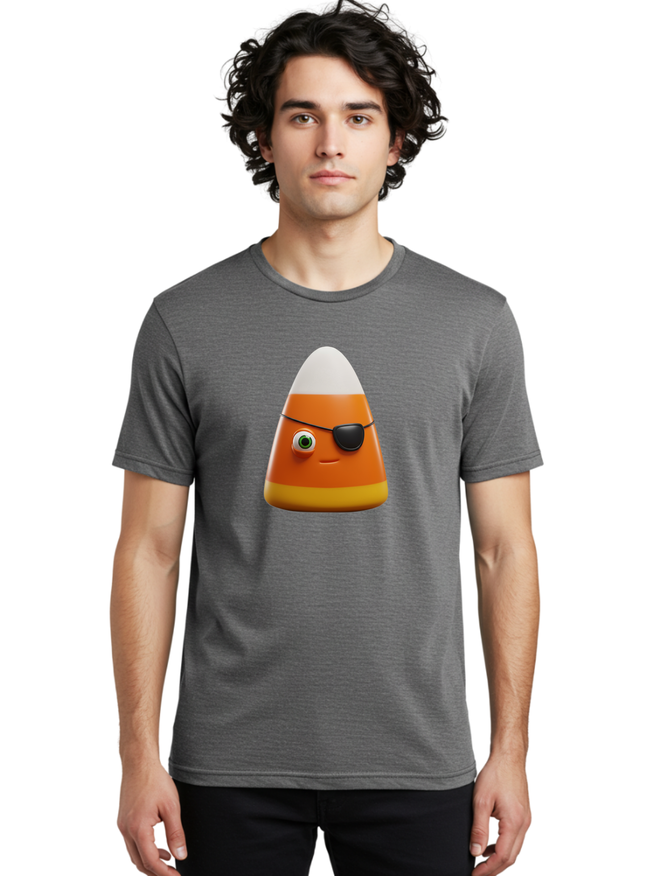 Candy-Corn-With-Eye-Patch Men'S Graphic Tee, 100% Cotton, Comfortable Casual Summer Wear, Machine Washable, Candy Corn Cartoon Character, Halloween Candy, Pirate-Themed Sweets, Sweet Treats, Colorful Candy, Fun Halloween, Cartoon Graphics, Bac778