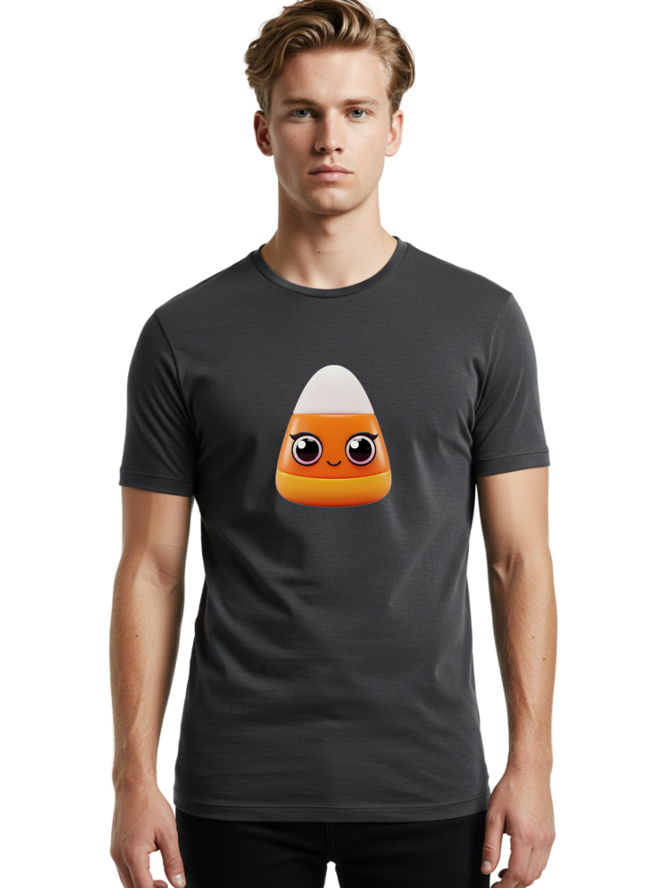 Candy-Corn Men'S Graphic Tee, 100% Cotton, Comfortable Casual Summer Wear, Machine Washable, Emotive Candy Corn, Cartoon Character, Halloween Treats, Sweet Treats, Festive Sweets, Candy Illustration, Adorable Graphics Bac779