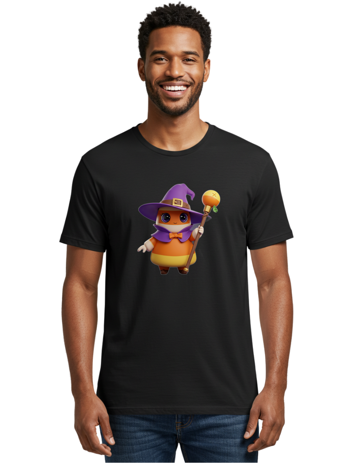 Candy-Witch Men'S Graphic Tee, 100% Cotton, Comfortable Casual Summer Wear, Machine Washable, Candy Character, Wizard Hat, Magical Staff, Orange Bow Tie, Purple Cape, Cartoon Style, Fantasy Creature, Sweet Treat, Magical Powers, Bac780