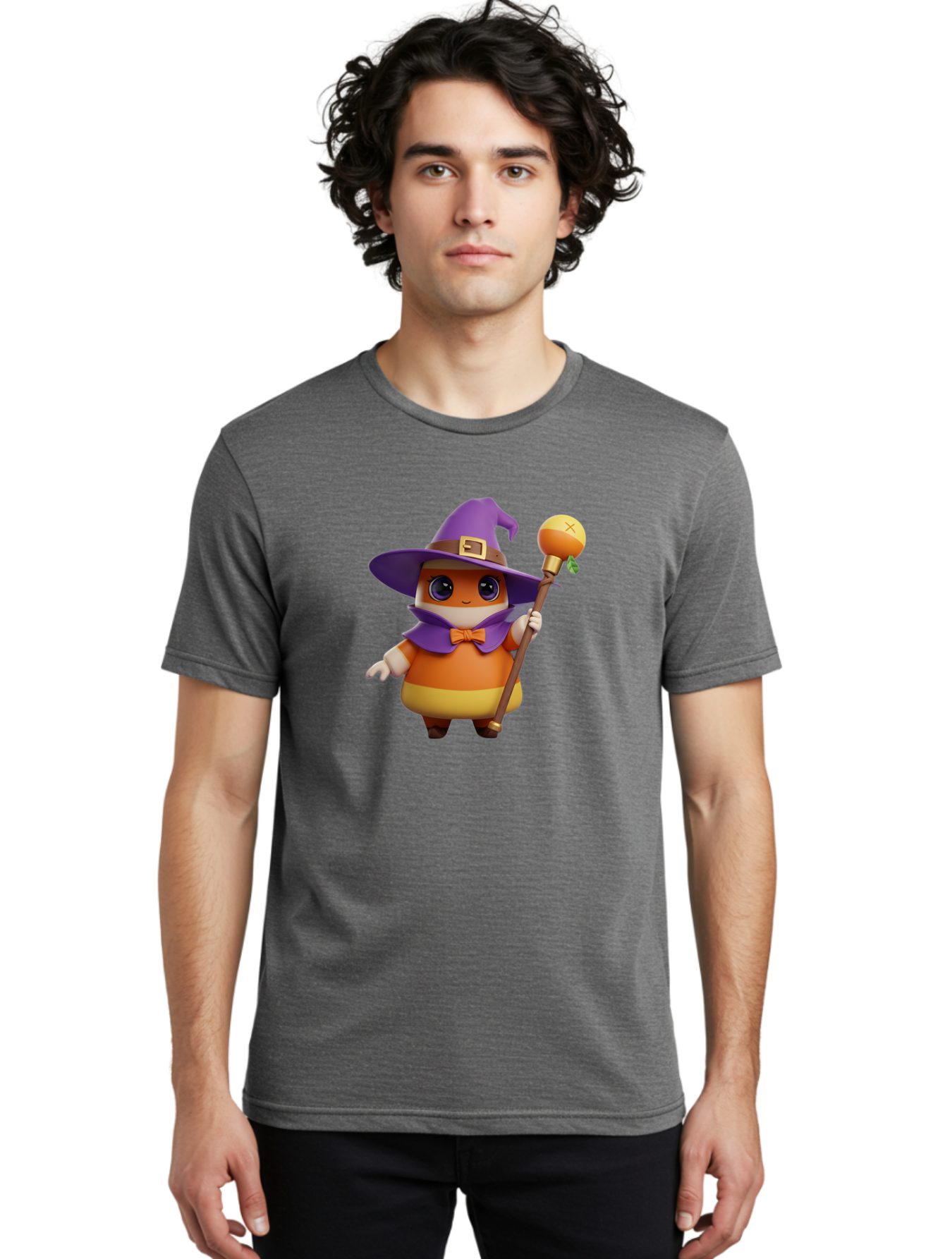 Candy-Witch Men'S Graphic Tee, 100% Cotton, Comfortable Casual Summer Wear, Machine Washable, Candy Character, Wizard Hat, Magical Staff, Orange Bow Tie, Purple Cape, Cartoon Style, Fantasy Creature, Sweet Treat, Magical Powers, Bac780
