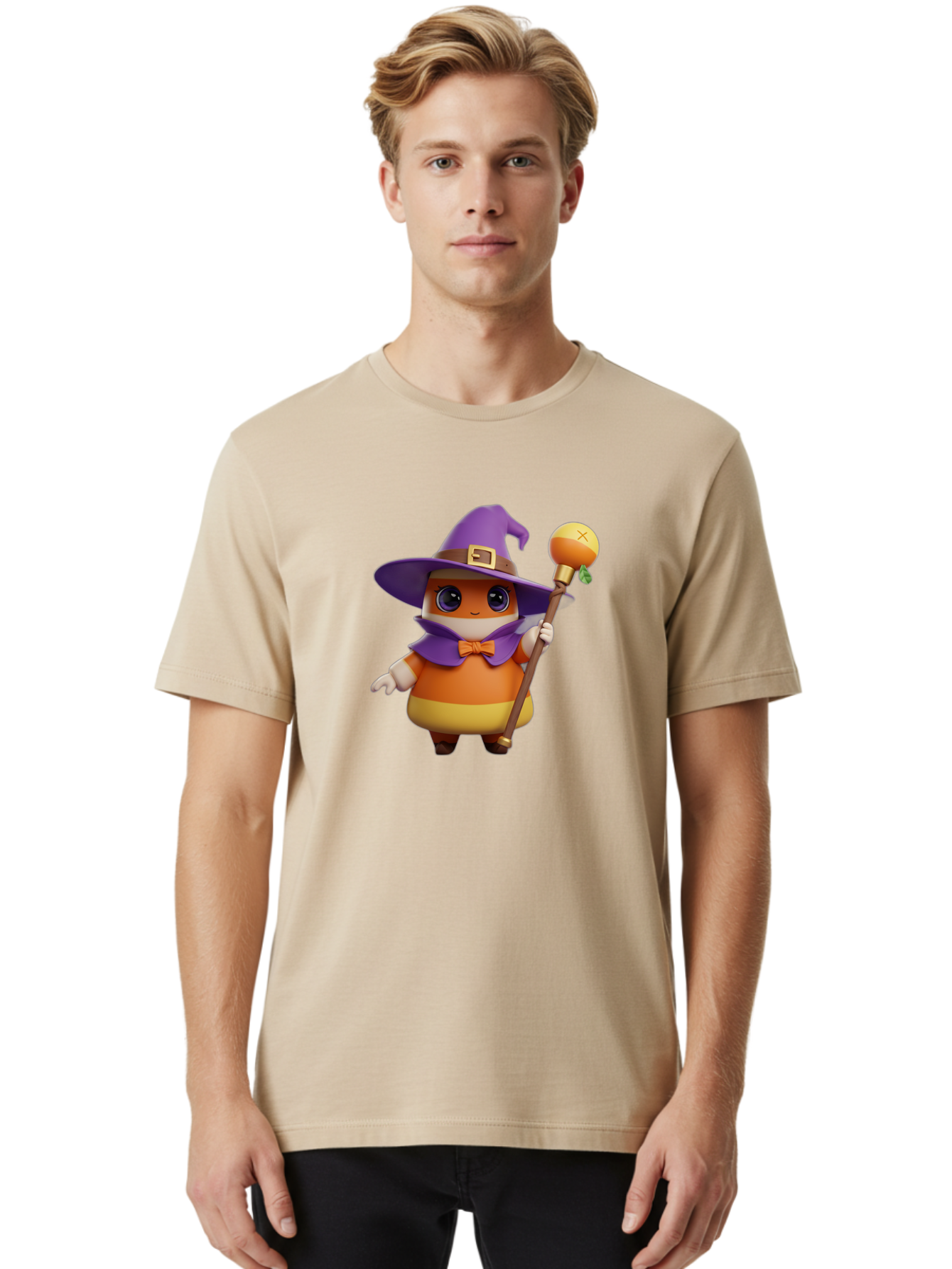 Candy-Witch Men'S Graphic Tee, 100% Cotton, Comfortable Casual Summer Wear, Machine Washable, Candy Character, Wizard Hat, Magical Staff, Orange Bow Tie, Purple Cape, Cartoon Style, Fantasy Creature, Sweet Treat, Magical Powers, Bac780