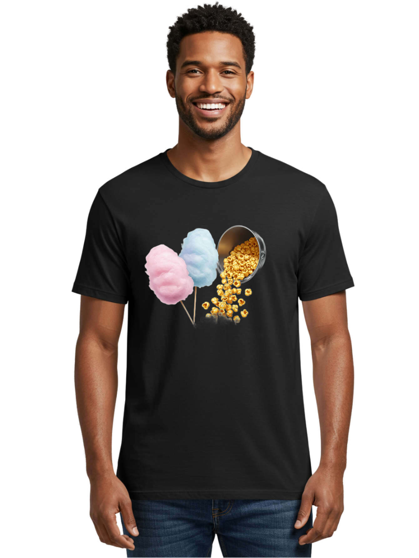 Caramel-Popcorn-And-Cotton-Candy Men'S Graphic Tee, 100% Cotton, Comfortable Casual Summer Wear, Machine Washable, Cotton Candy, Caramel Popcorn, Sweet Treats, Fair Food, Party Snacks, Tasty Delights, Fluffy Cotton Candy, Sticky Caramel, Bac782