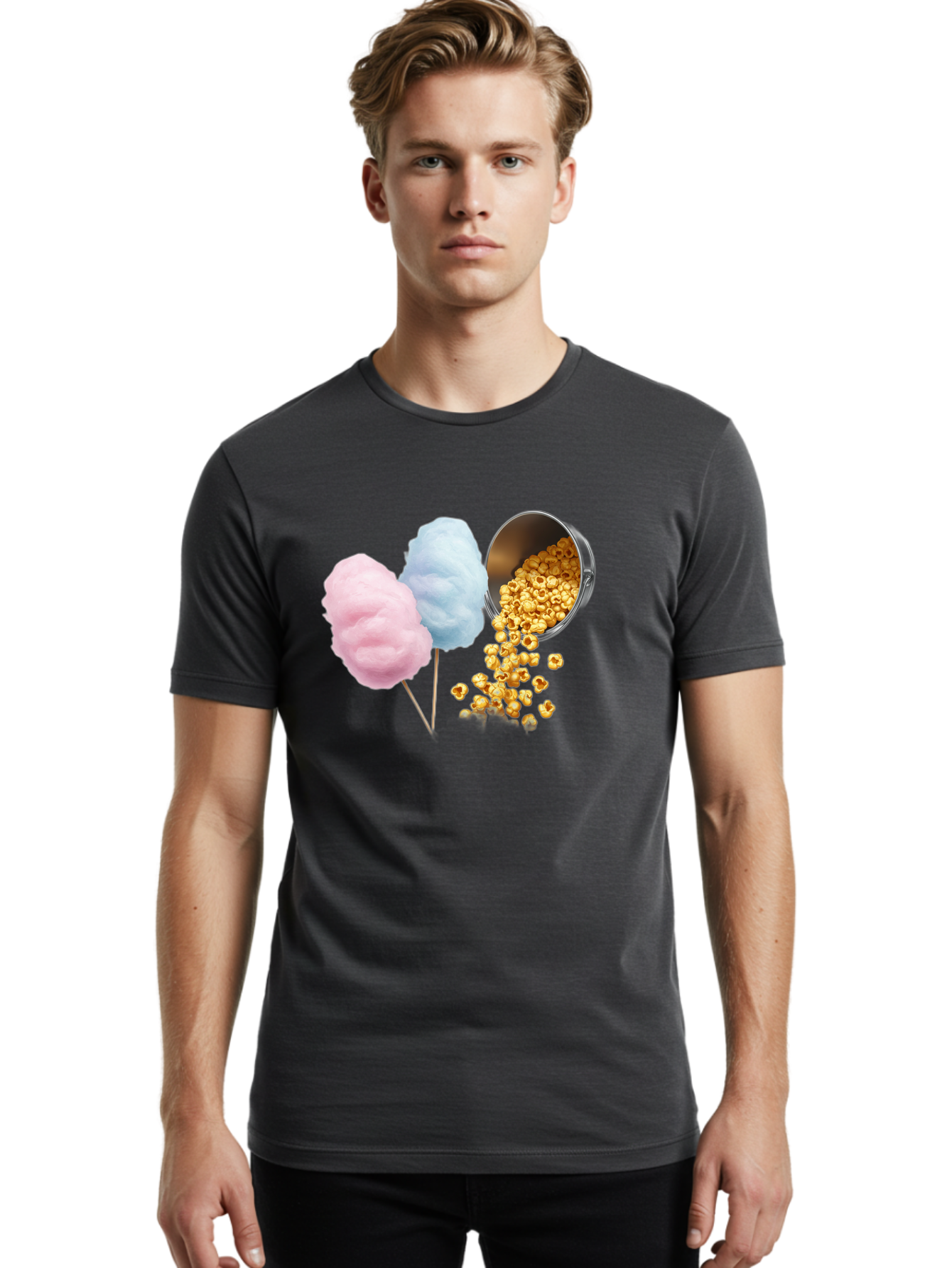 Caramel-Popcorn-And-Cotton-Candy Men'S Graphic Tee, 100% Cotton, Comfortable Casual Summer Wear, Machine Washable, Cotton Candy, Caramel Popcorn, Sweet Treats, Fair Food, Party Snacks, Tasty Delights, Fluffy Cotton Candy, Sticky Caramel, Bac782