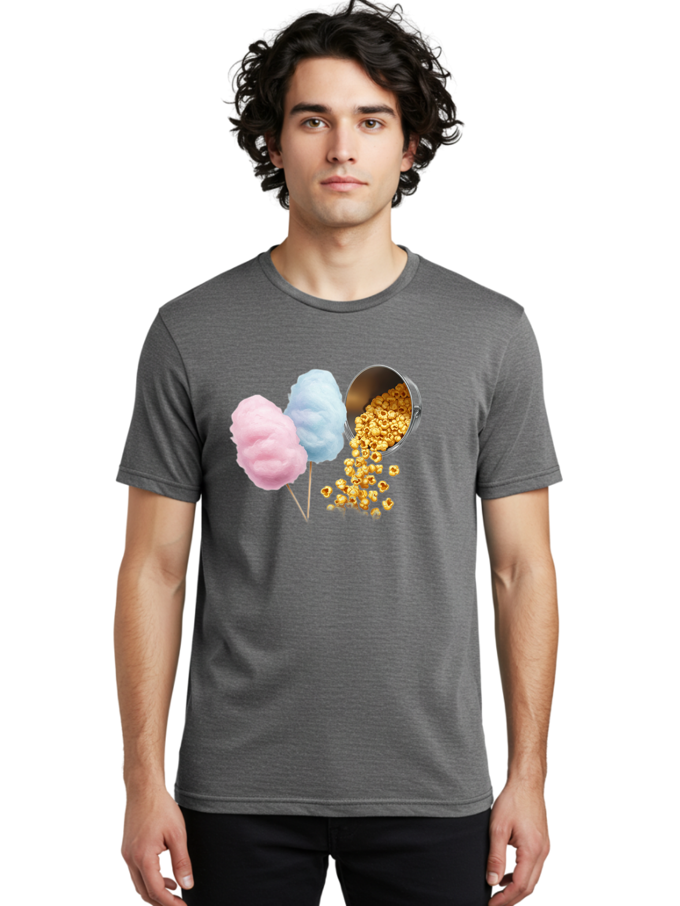 Caramel-Popcorn-And-Cotton-Candy Men'S Graphic Tee, 100% Cotton, Comfortable Casual Summer Wear, Machine Washable, Cotton Candy, Caramel Popcorn, Sweet Treats, Fair Food, Party Snacks, Tasty Delights, Fluffy Cotton Candy, Sticky Caramel, Bac782